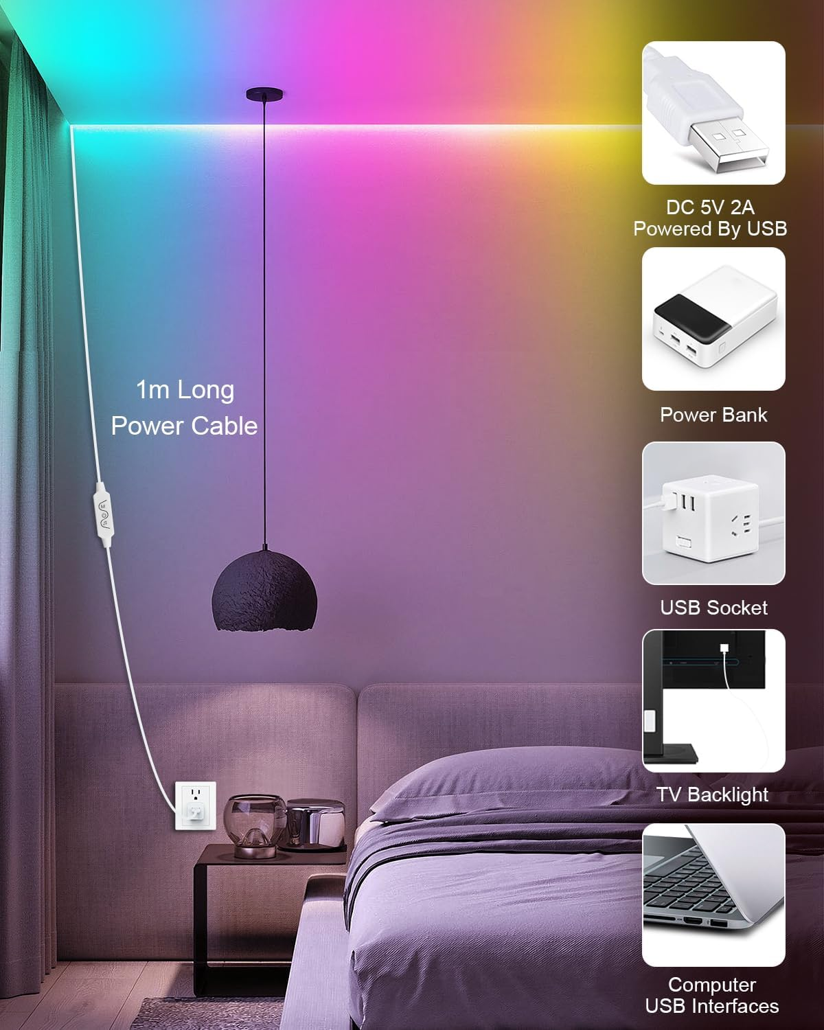 ALITOVE 5M RGB IC LED Strip Light 16 Million Colors Changing DC USB LED Light for TV Backlight with Music Sync Bluetooth APP Control LED Lights Strip for Bedroom Party Christmas Decor image number 1