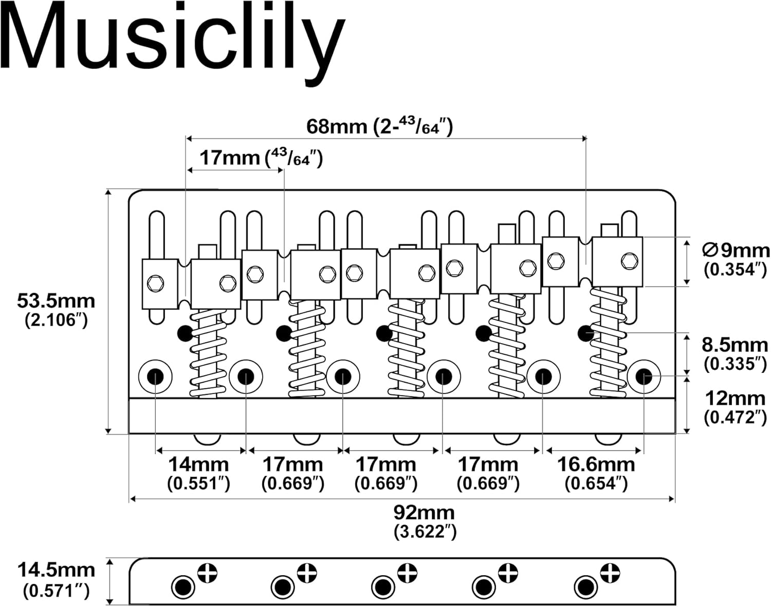 Musiclily Pro 17Mm Dual Load Heavy Duty 5-String Bass Bridge with Brass Saddle Steel Plate, Black - Gold image number 4