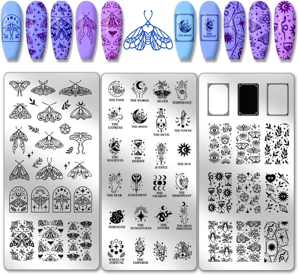 PH Pandahall 3Pcs Tarot Nail Art Stamping Plate, 63 Patterns Fantasy Moth Nail Stamping Fantasy Elements Nail Stamp Plate Pressure Nail Stencils Nail Picture Plates Made of Stainless Steel for Nail image number 5