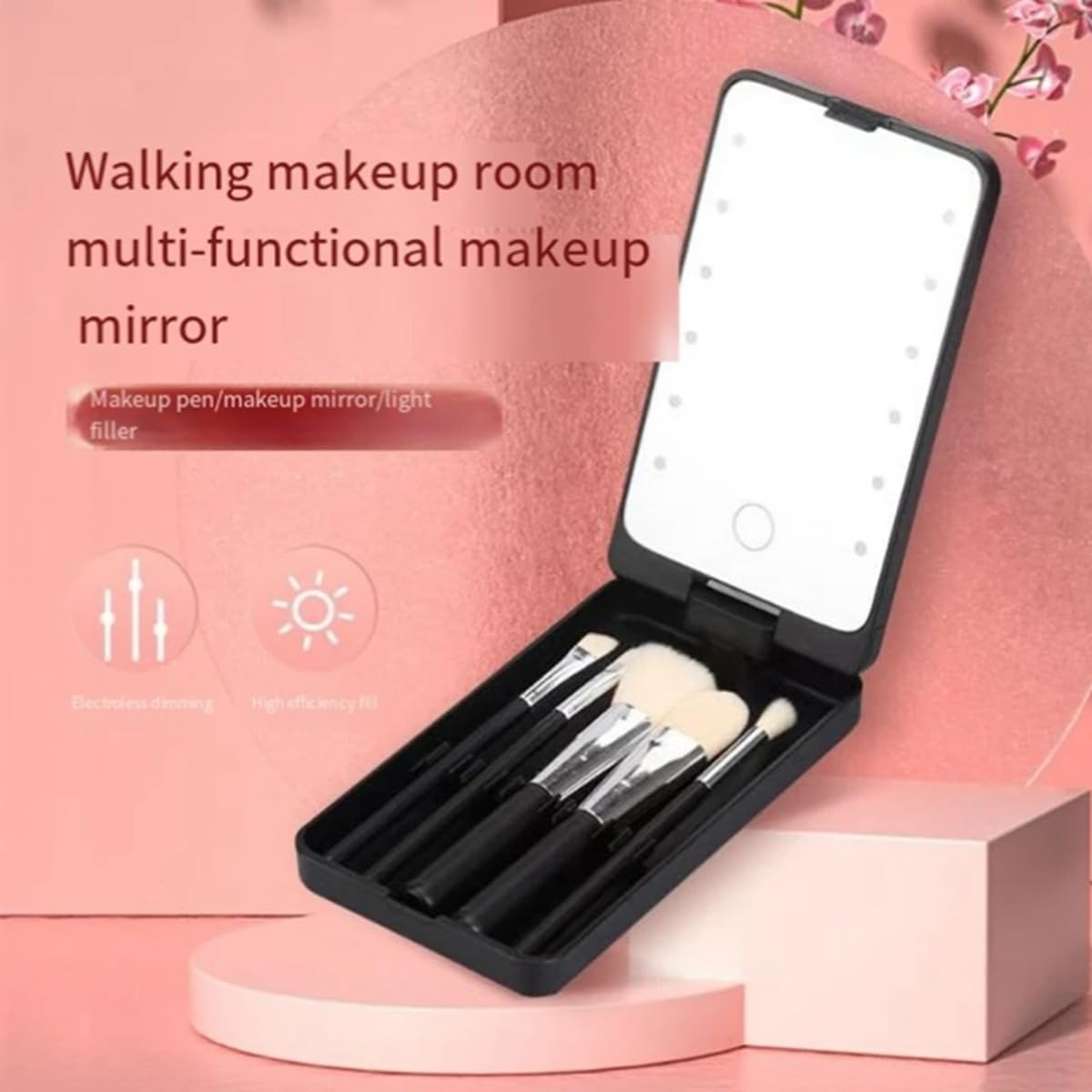 LED Portable Makeup Mirror with 5 Brushes, Rechargeable Travel Mirror Kit, Touch Sensor, Bright Adjustable Lighting, Compact Storage Case (Black) image number 4