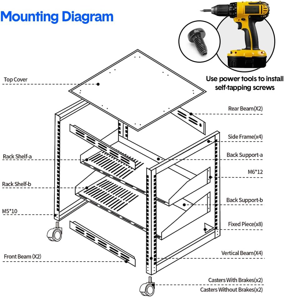 ALSTON 12U Open Frame Server Rack Free Standing or Wall Mountable 4-Post AV Rack Strong Loading Capacity with Lockable Anti-Skip Casters for IT Network AV Gear image number 3