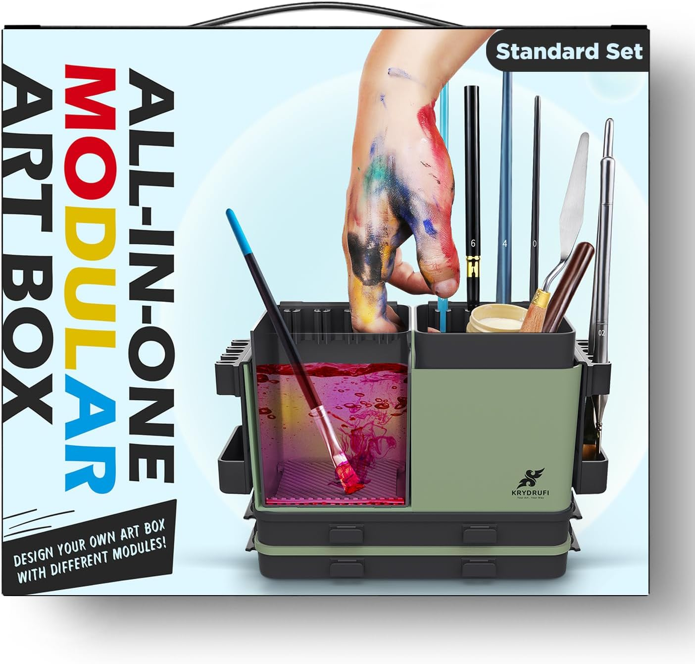 KRYDRUFI Portable All-In-One Modular Painting Station with Paint Brush Cleaner and Holders,Wet Paint Palette Tray with Lid for Miniature Painting and Acrylic (Blue Black, Standard)