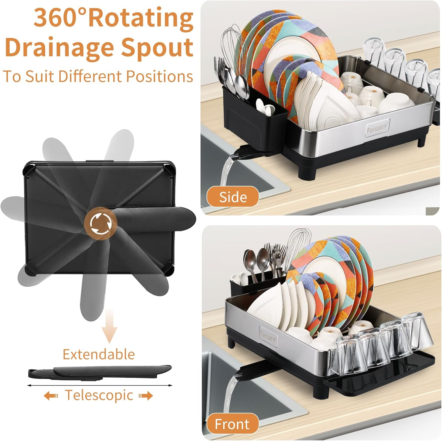 Fortuco&reg; Premium Dish Drying Rack &ndash; Stainless Steel Dish Rack for Kitchen &ndash; Space-Saving Kitchen Organiser & Drying Rack &ndash; Durable Accessories for Easy Dish Storage &ndash; Silver image number 4