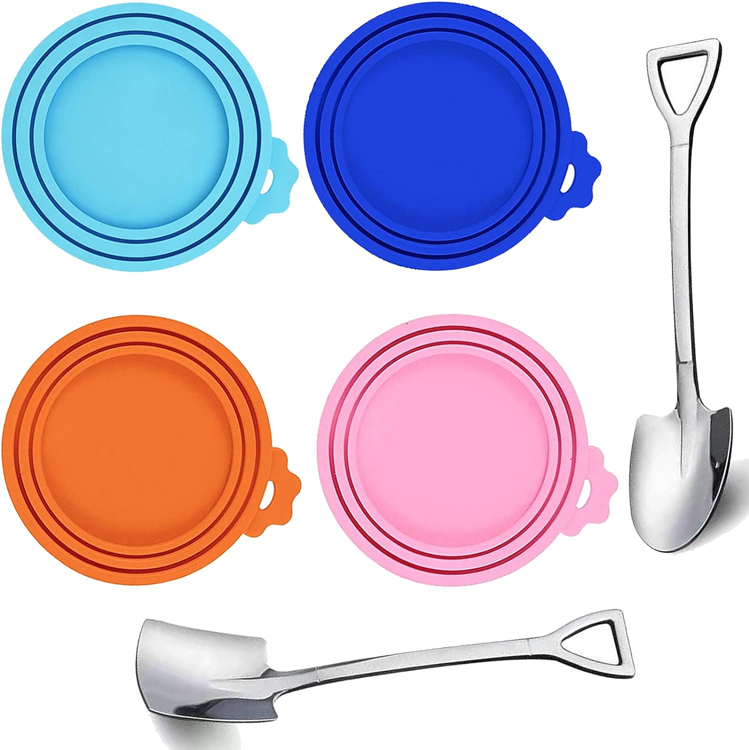 WOHENI Pet Food Lids, Silicone Can Lids and Stainless Pet Food Spoons, Universal Can Cover Fits Most Standard Size Dog and Cat Can Tops, Cat Dog Food Lids for Canned Food (4 Pack+2 Spoons)