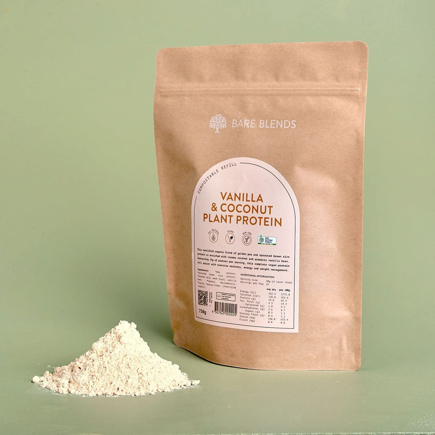 Bare Blends - Vanilla & Coconut Plant Protein | Vegan Protein Powder | Certified Organic | Gluten Free (750G)