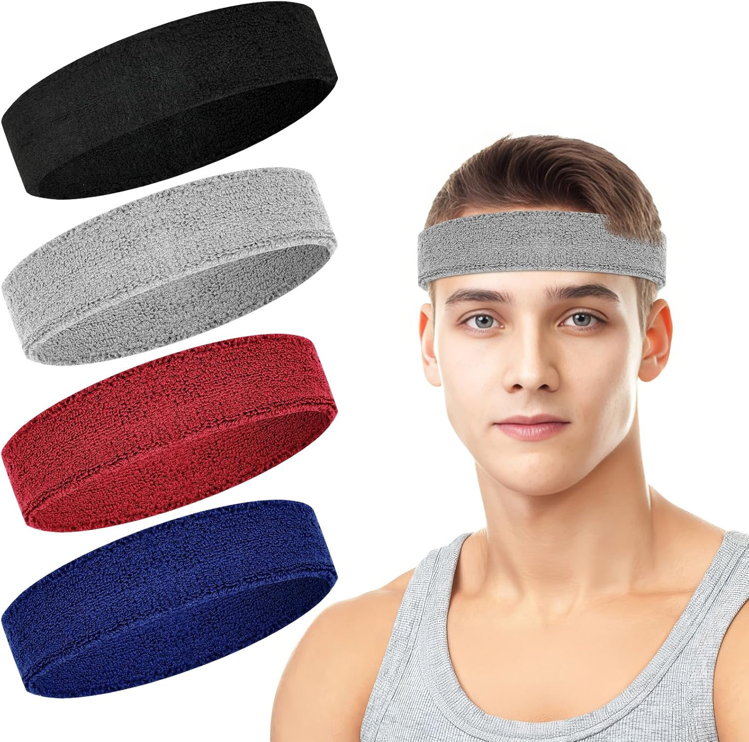 4 Pack Headbands for Men, Sweat Bands Headbands Men & Women, Cotton Terry Sweat Bands for Tennis, Basketball, Running, Gym, Working Out