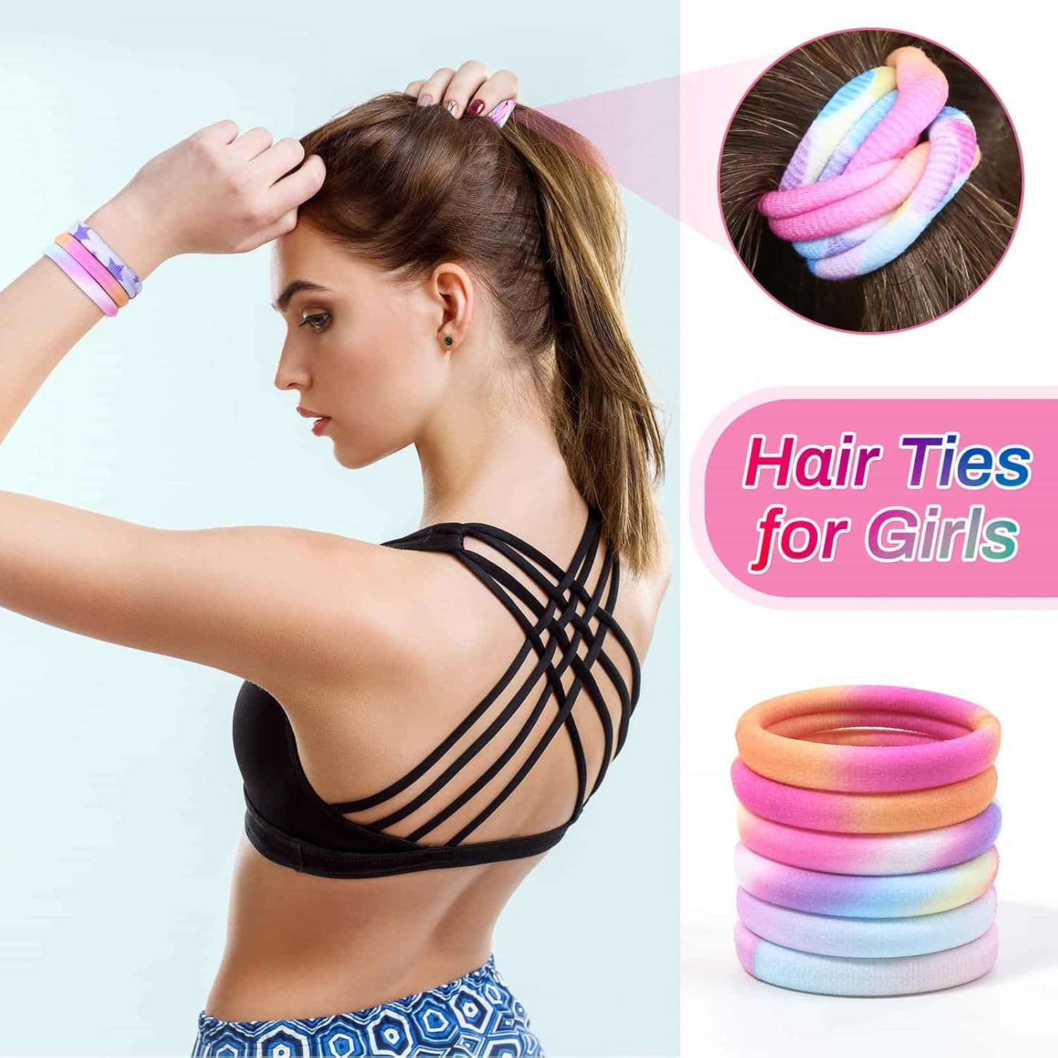 Anezus 54Pcs Hair Ties for Girls and Women, Nylon Hair Elastics Hair Bands Ponytail Holders Soft Hair Ties No Damage for Girls Thick Straight Curly Hair Multi-Colored - Black image number 5