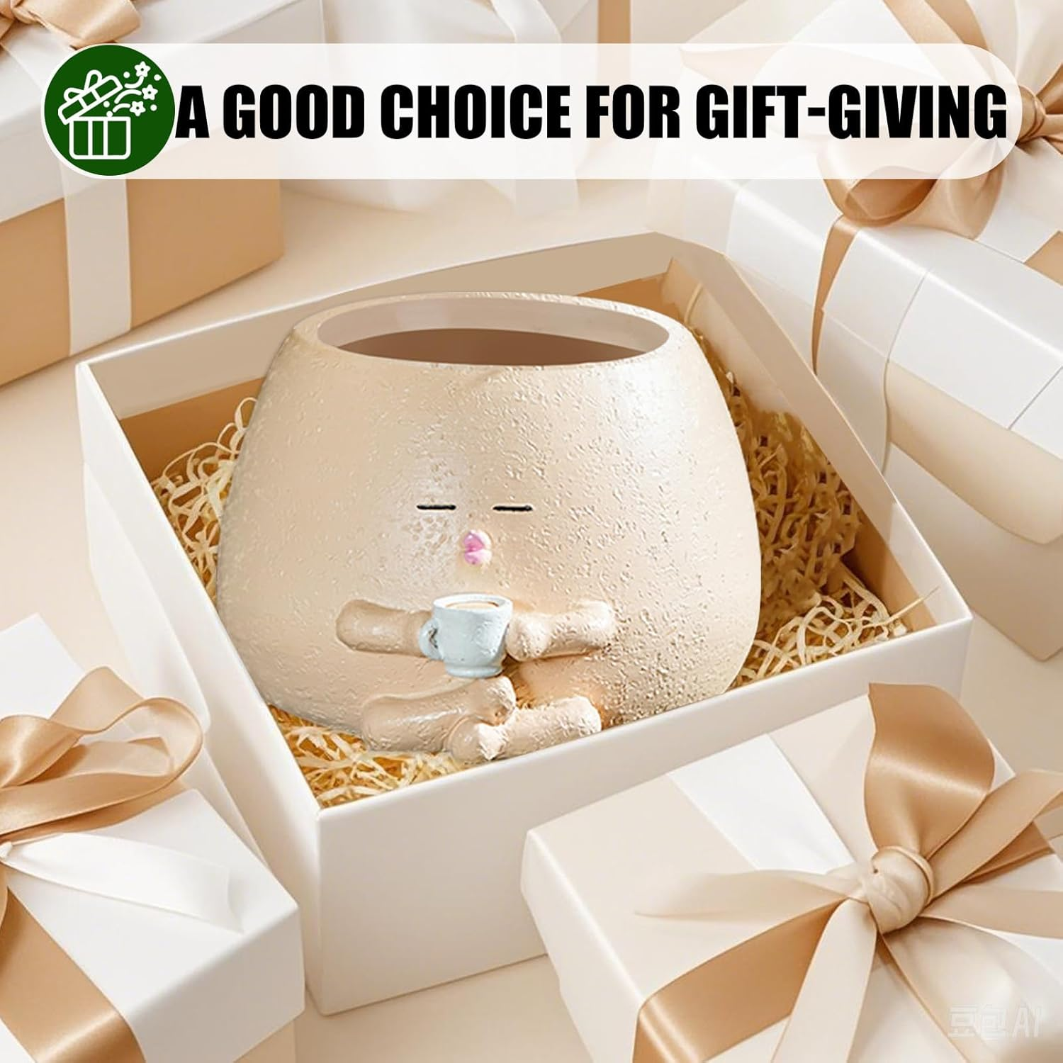 2Pcs Smiley Face Planter Pot, FHDUSRYO Cute Resin Flower Head Planters for Indoor Outdoor, Unique Sit Succulent Pots with Drainage Hole for Mothers Day, Teacher, Plant Lovers (Coffee, 14X8.5Cm) image number 3