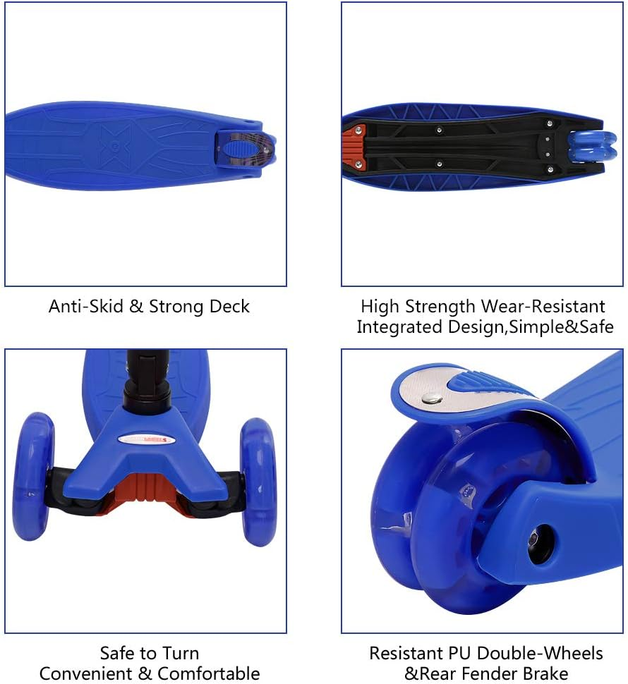 Chromewheels Scooters for Kids, Deluxe Kick Scooter Foldable 4 Adjustable Height 150Lb Weight Limit 3 Wheel, Lean to Steer LED Light up Wheels, Best Gifts for Girls Boys Age 3-10 Year Old
