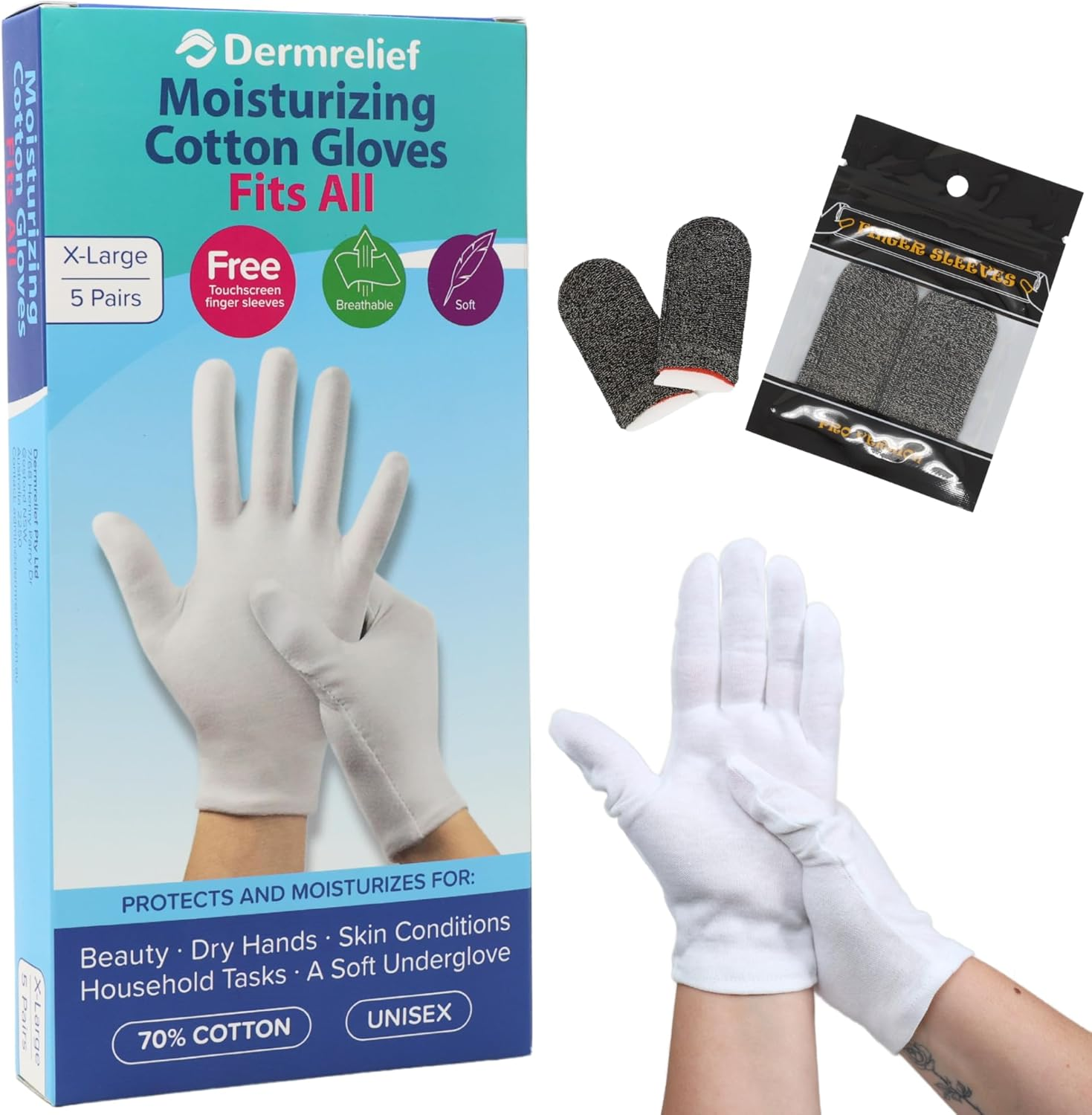 Dermrelief Cotton Gloves Fits All - for Beauty, Dry Hands, Eczema, Dermatitis and Psoriasis (5 Pairs) with Free Gift (Touchscreen Finger Sleeves) (Medium)