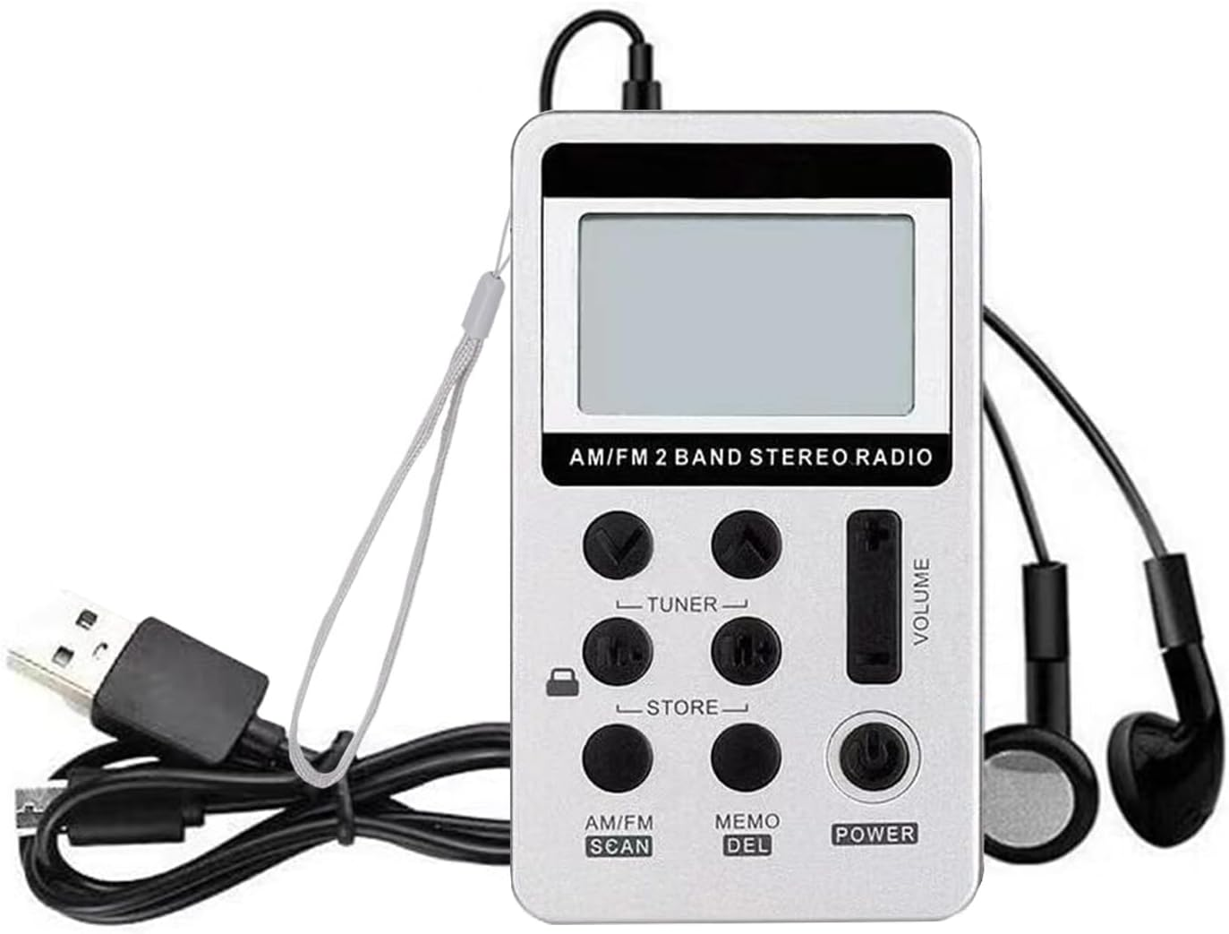 Yotsuba AM FM Radio, Portable Radio Pocket Receiver with Digital LCD, Stereo Earphone, USB Charging Cable (Silver) image number 2