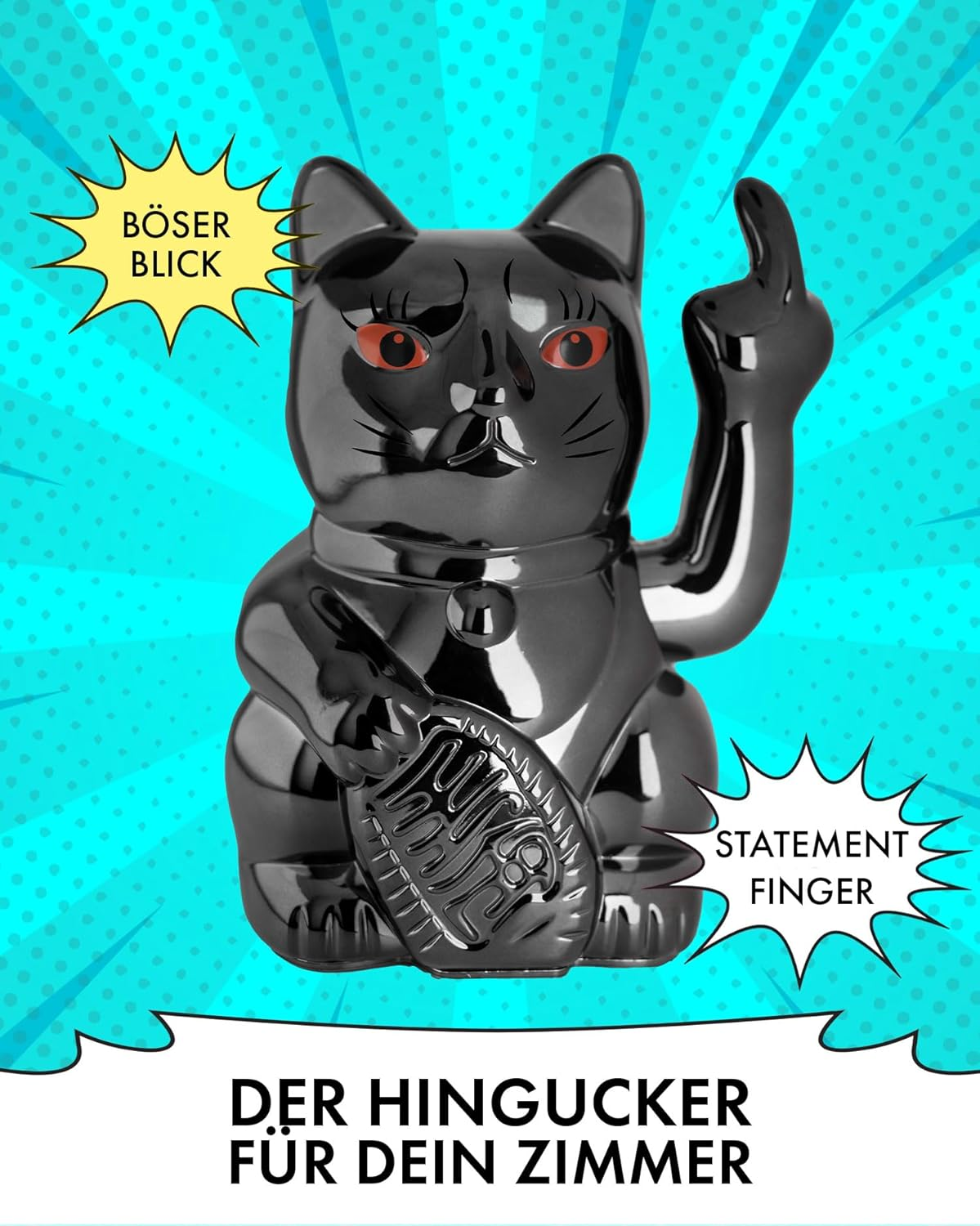 ANGRY CAT - Lucky Cat - Funny Waving Cat - Japanese Waving Cat with Stink Finger - Decorative Wobble Figure Cat - Waving Arm with Middle Finger - 15 Cm, Black Shiny image number 4