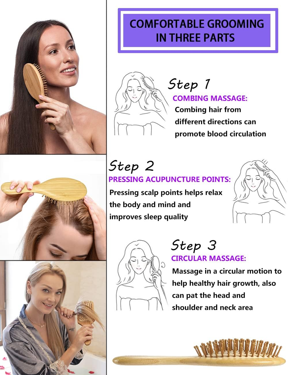 2 PCS Wooden Hair Brushes Combs with Air Cushion, Natural Wooden Hair Brushes for Scalp Massage Anti-Static, Hair Combs Set Bristle No Tangling Hairbrush for Straight Curly Wavy Hair (Rectangle+Oval) image number 3