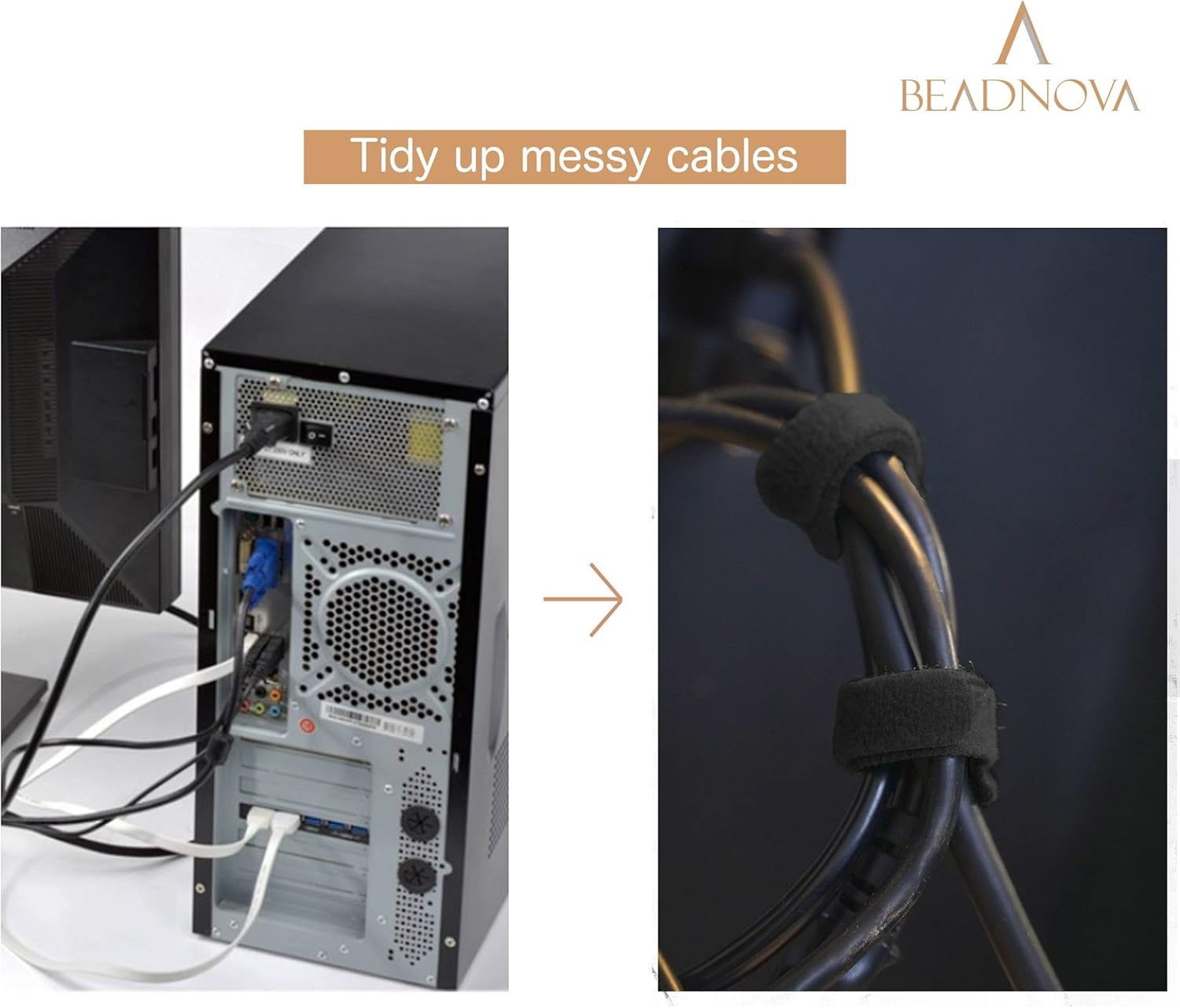 BEADNOVA Wire Organizer Cord Reusable Cable Ties Adjustable Rope Holder (8 Inches, 60 Pieces, Black)