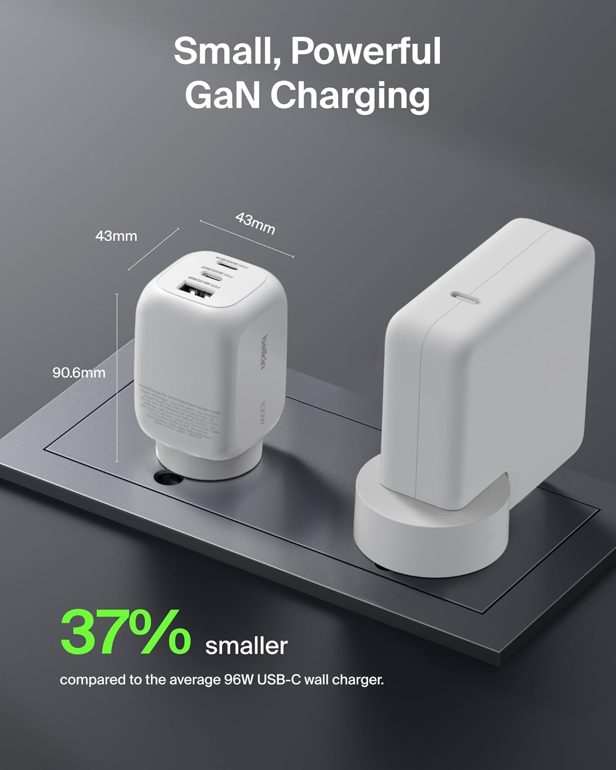 Belkin 3-Port USB C Charger Block 100W, Multi-Port Gan Wall Charger W/ 2X USB C Ports & 1X USB-A Port, Fast Charging for Macbook, Iphone 16, Ipad Pro, Samsung Galaxy S25, Google Pixel, & More - White image number 2