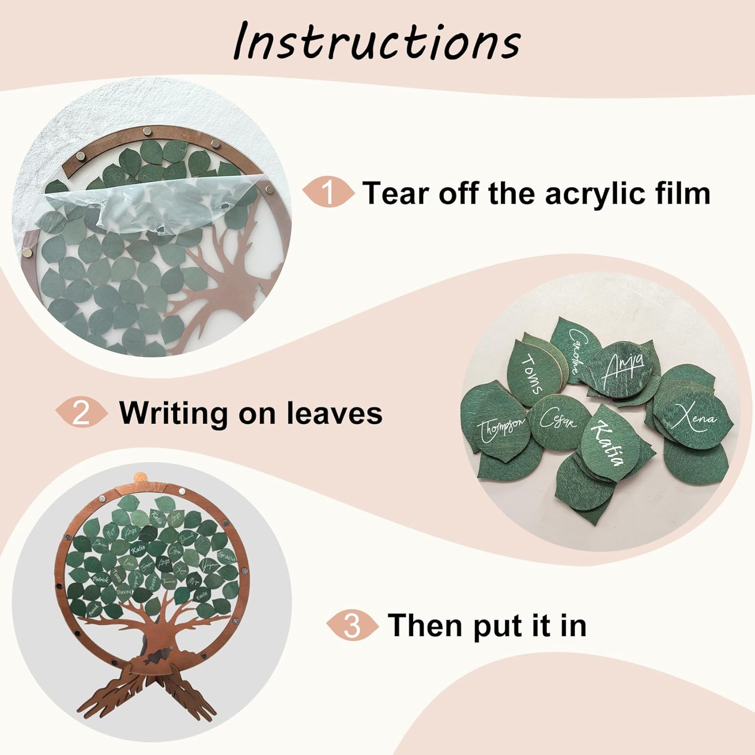 PAMBO Wedding Guest Book Alternative with 55 Green Leaves,Rustic Wooden Family Signing Tree Guest Book - 12" Handcrafted Wedding Decoration & Keepsake image number 1