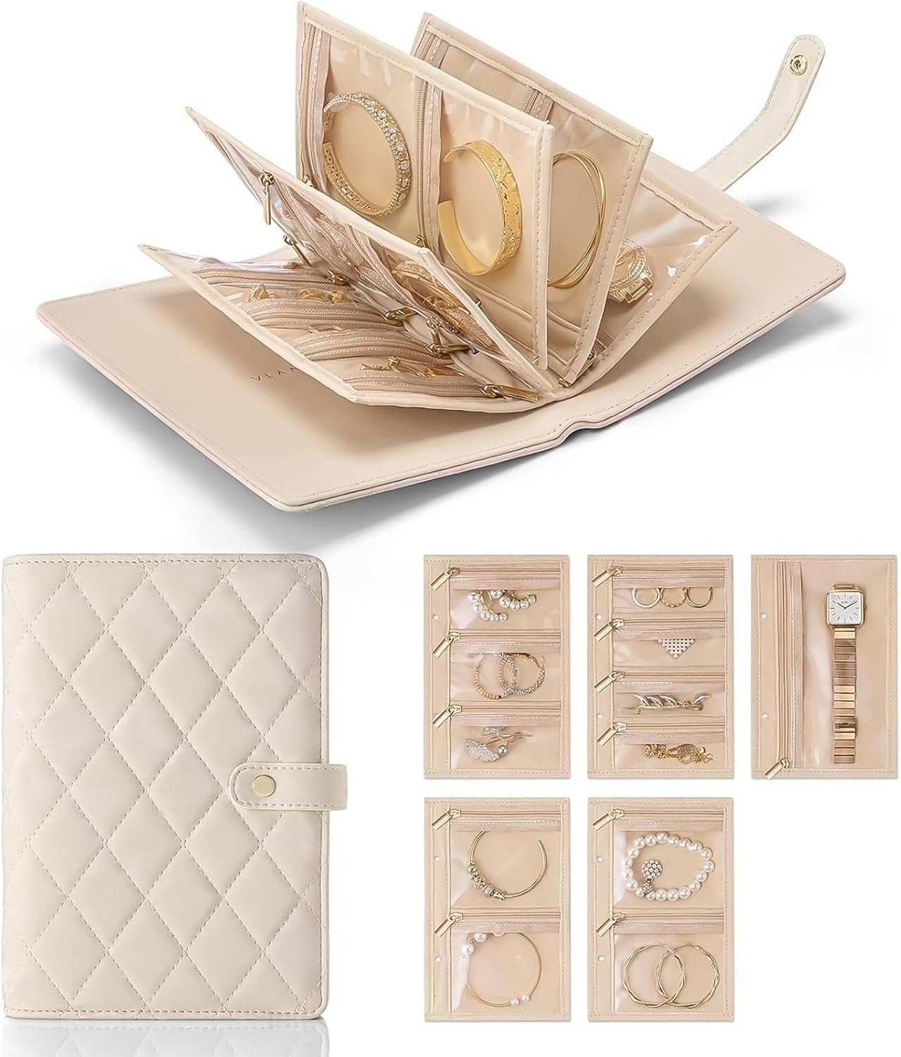 Travel Jewellery Organiser, Jewellry Home Storage Book Ring Binder with Clear Zipper Velvet Pouches for Rings, Necklaces, Earrings (Beige) image number 4