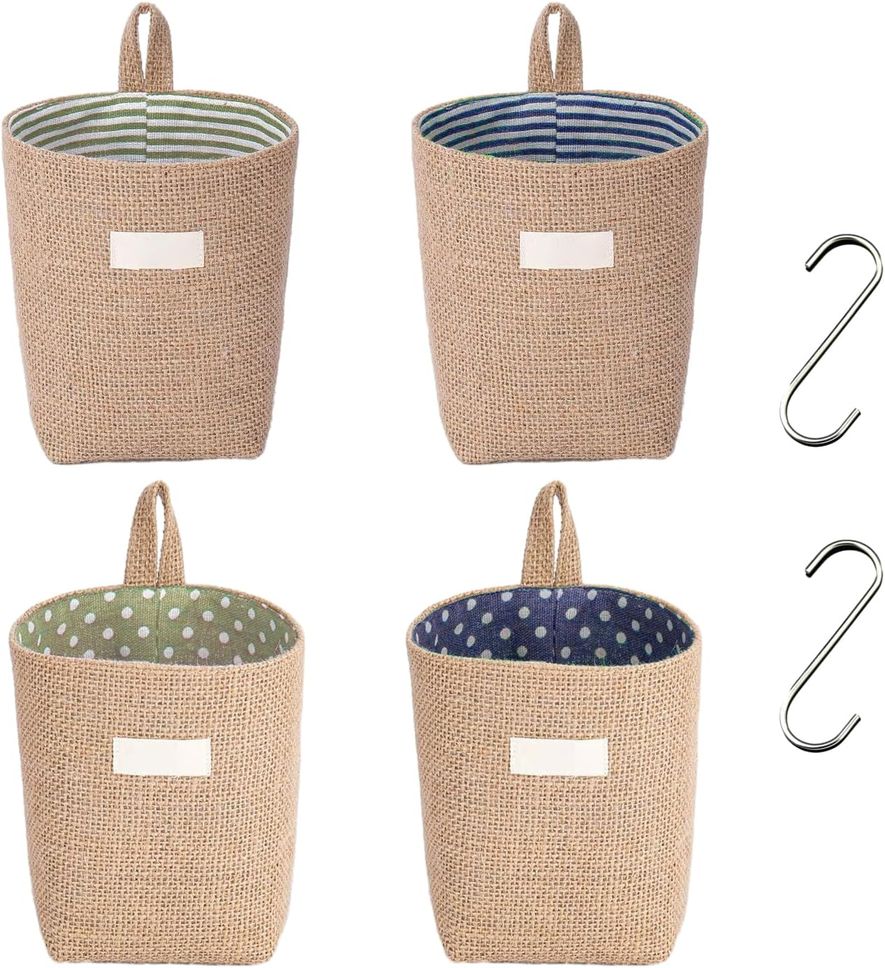 4 Linen Hanging Bags, Storage Bags, Hanging Storage Baskets, Desk Organisation, Foldable Storage Baskets, Removable and Foldable, with S Hooks, Toy Storage image number 1