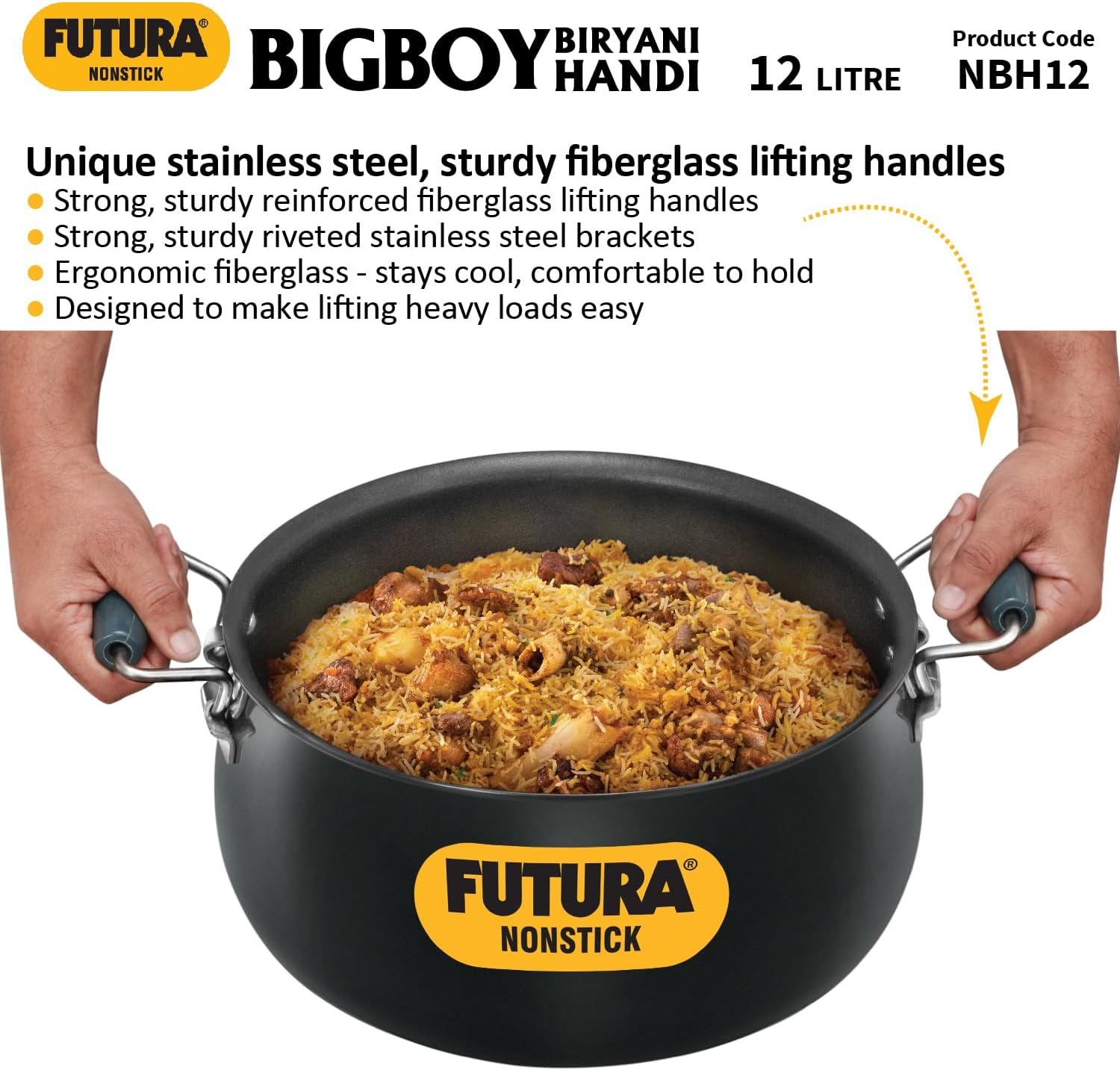Hawkins Futura 12 Litre Bigboy Biryani Handi, Non Stick Pot with Hard Anodised Lid, Sauce Pan for Cooking and Serving Biriyani, Black (NBH12) Aluminium image number 2