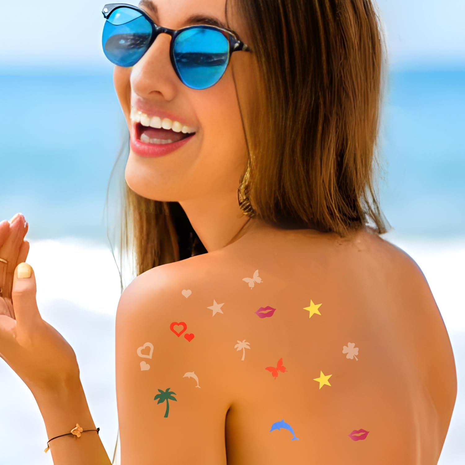630 Pieces Solar Stickers, Cute Sunbath Sticker Self Adhesive Heart Star Lips Butterfly Coconut Dolphin Sunbed Sticker Removable Sunscreen Stickers for Summer Beach (7 Styles) image number 3