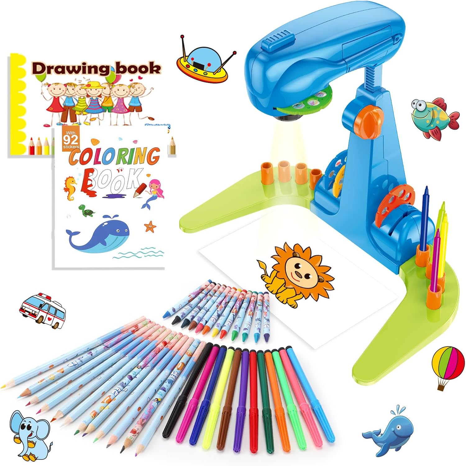 Hoarosall Drawing Projector for Kids, Art and Craft Kit, Toys for Boys Aged 3+, Drawing Supplies, Including Colored Pencils, Crayons, Coloring Books, for 3+ Year Old Boys (Blue) image number 1