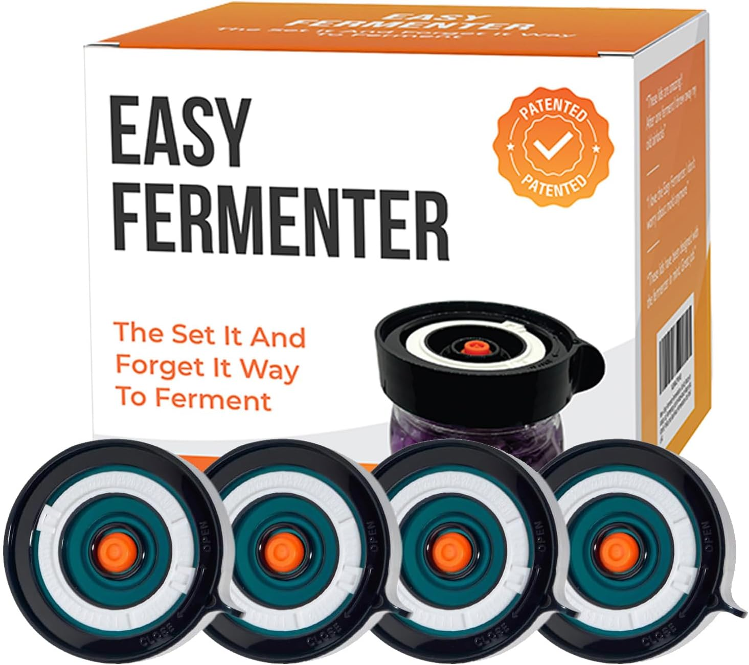 Easy Fermenter Fermentation Kit, Mason Jar Airlock Lid for Wide Mouth Jars, Kimchi, Pickle, and Sauerkraut Fermenting, Pack of 4