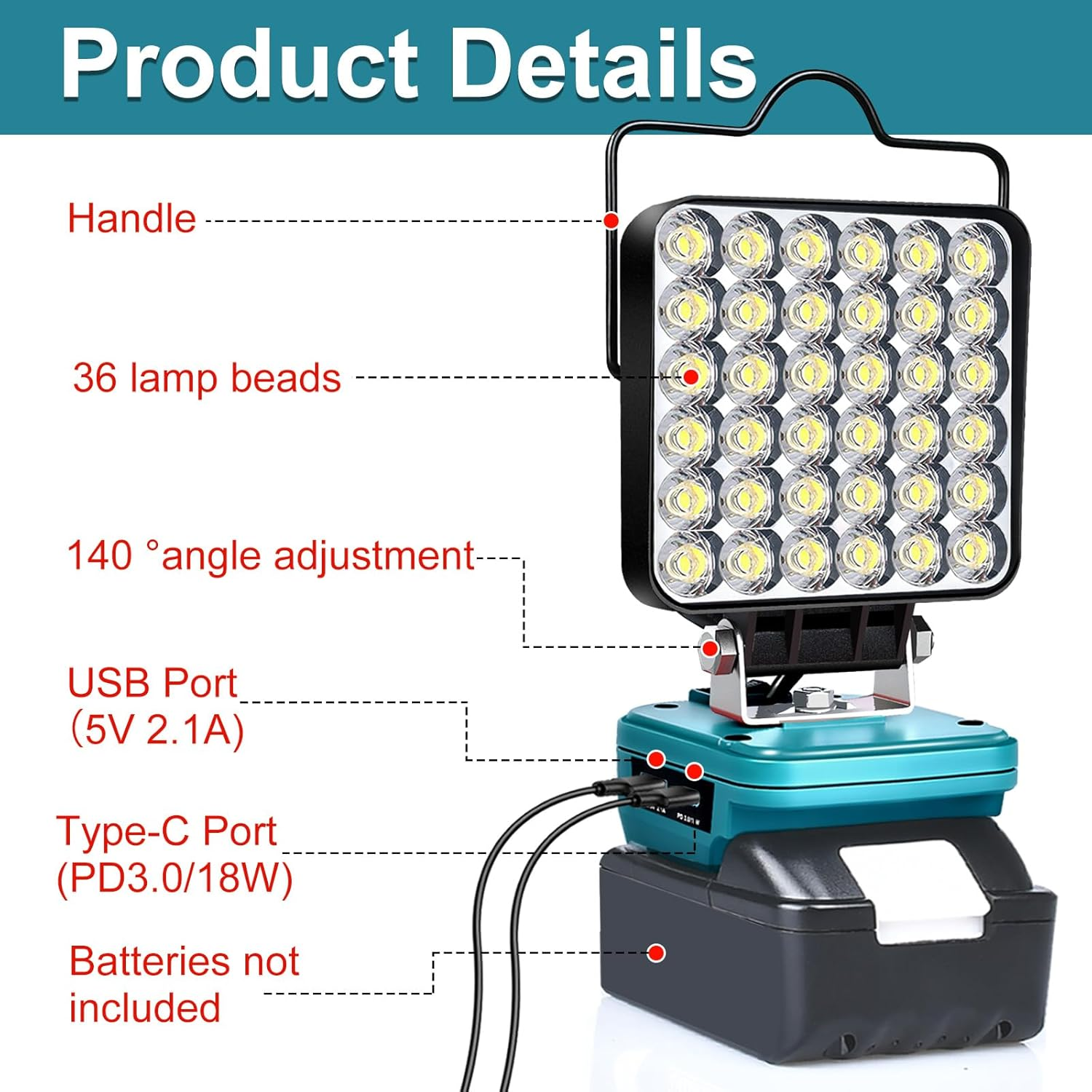 Upgraded Work Light for Makita 18V Battery,72W 6800LM Portable Cordless Floodlight with Usb&Type C Fast Charging Port for Makita Tools,Led Spotlight for Camping,Fishing,Workshop(No Battery) (MTFD4I36) image number 6