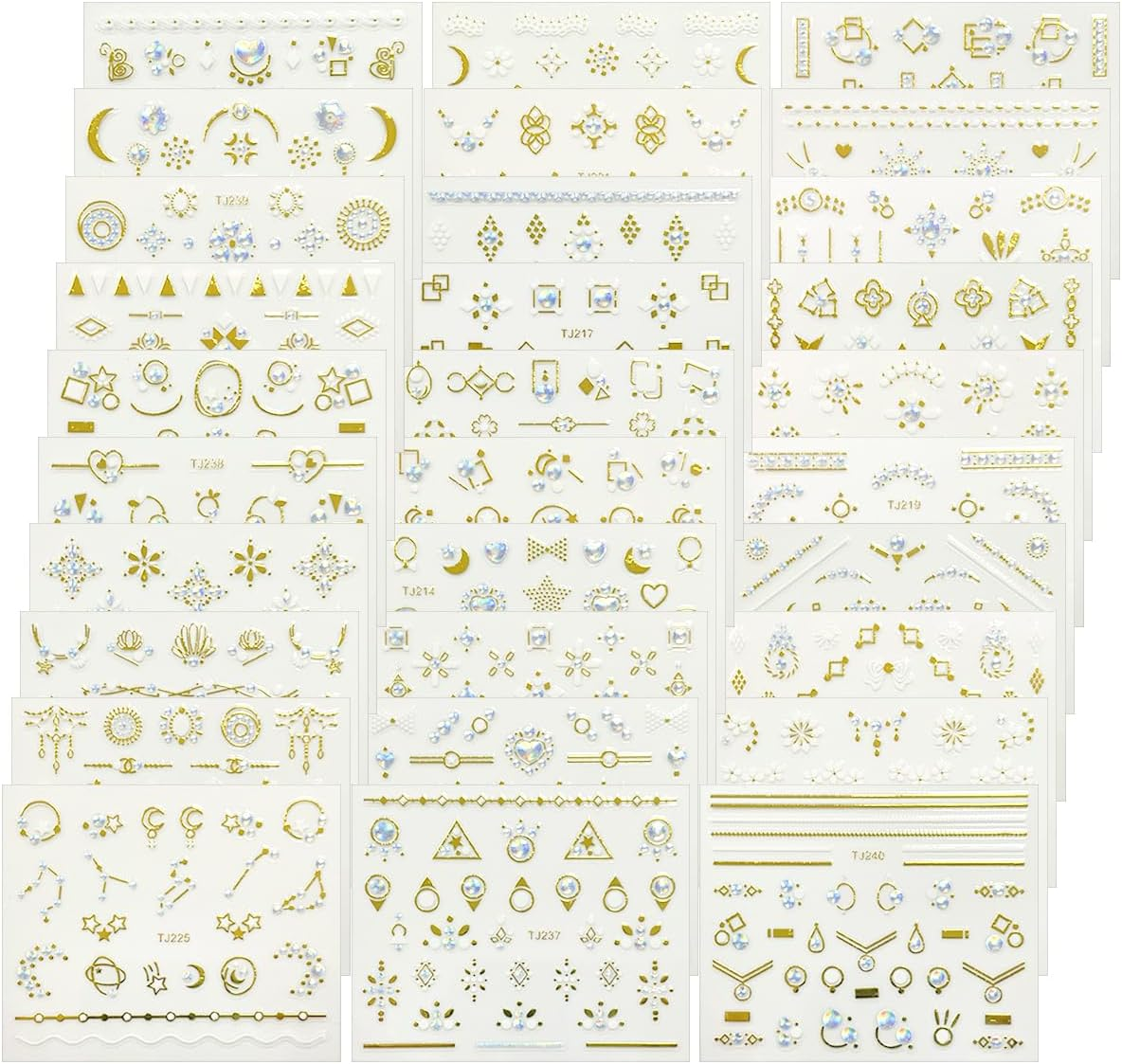 WELANE Nail Art Stickers, 30 Sheets 3D Self Adhesive Elegant Nail Decals for Women Girls Nail Art Decorations (Gold & White)