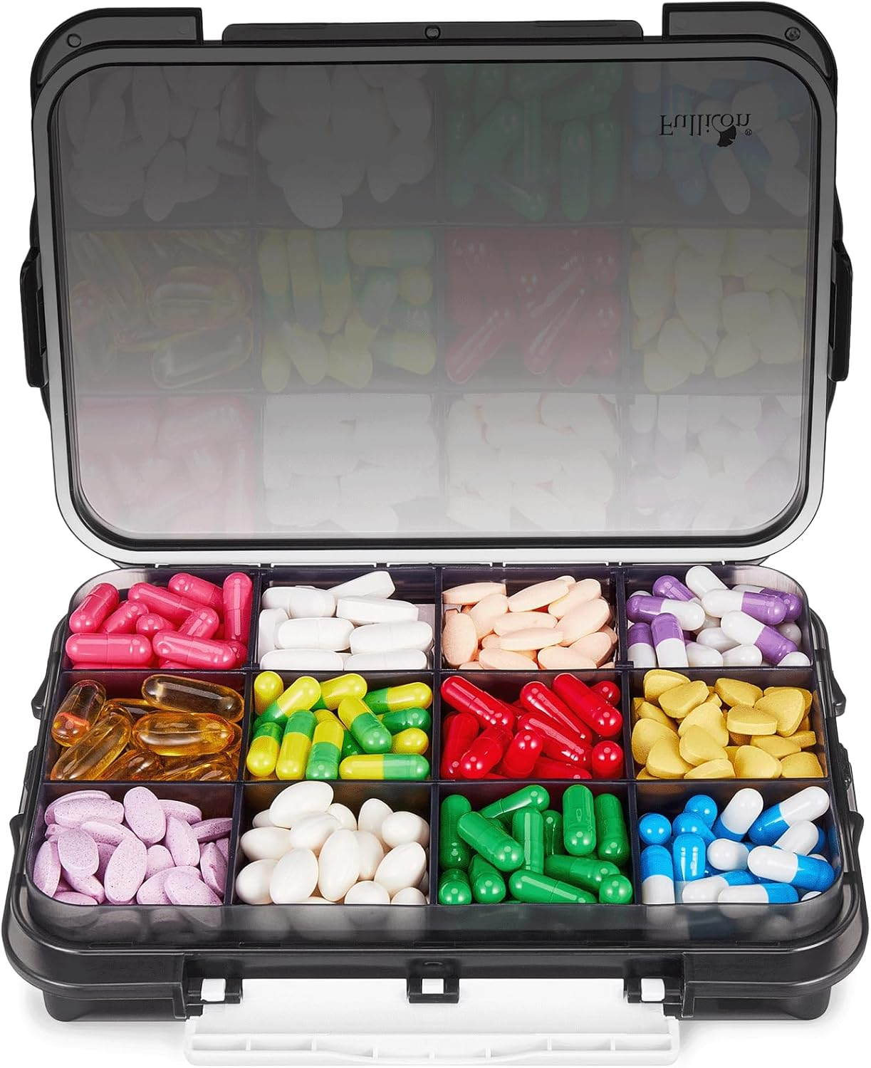 Fullicon Daily Travel Moisture Proof Pill Case with 12 Extra Large Compartment, Pill Organizer with 3 Secured Buckles, Large Supplement Box for Vitamin with Removable Dividers (Black) image number 3