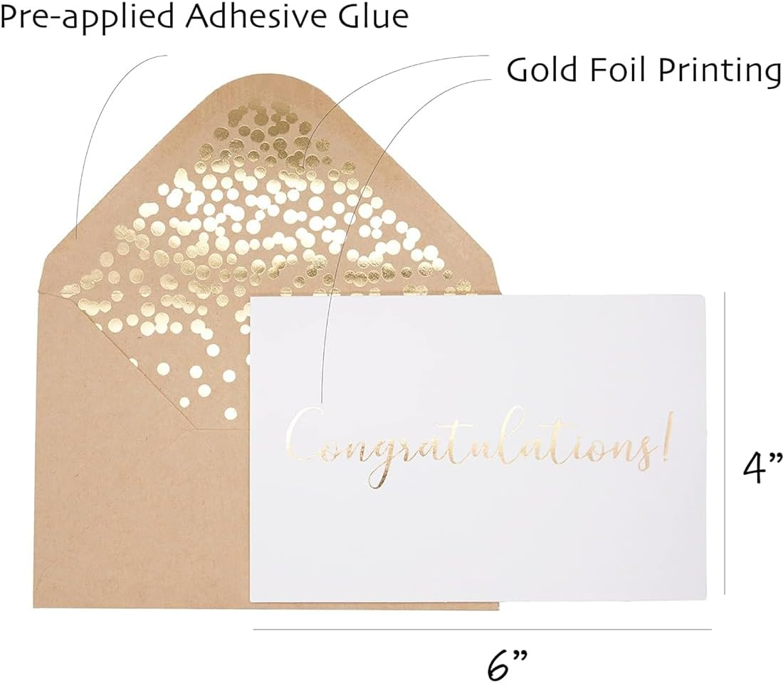 50Pcs Congratulations Cards with Envelopes, 4"X6" Elegant Greeting Cards with &lsquo;&rsquo;Congratulations&rsquo;&rsquo; Embossed in Gold Foil Letters, Kraft Envelopes Congrats Cards for Engagement Graduation Wedding (White) image number 4