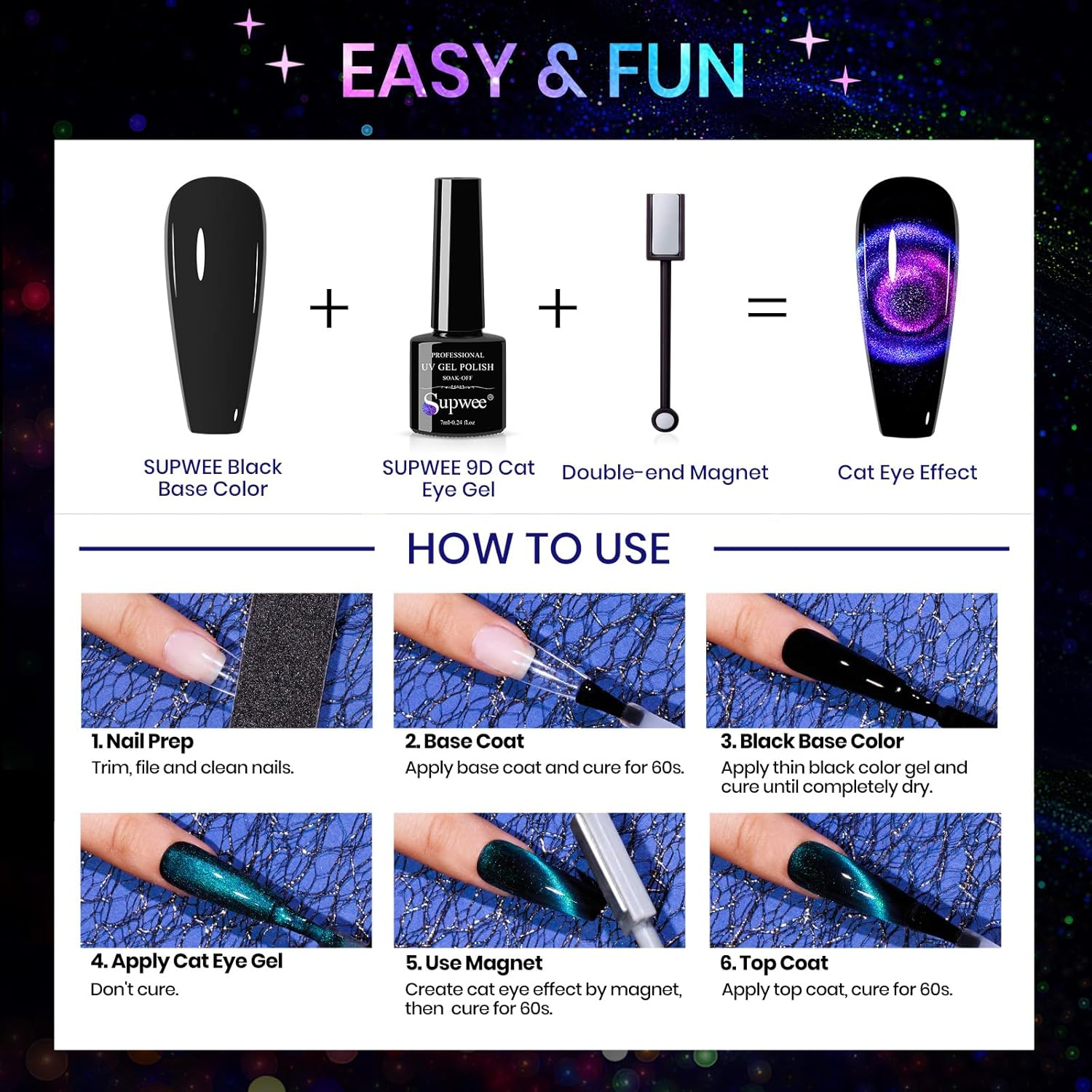 SUPWEE Cat Eye Gel Nail Polish Set with Magnetic Gel Polish Cateye Nails Magic Chameleon Galxy Effects 12 Colors Home Manicure for Women Girl image number 4