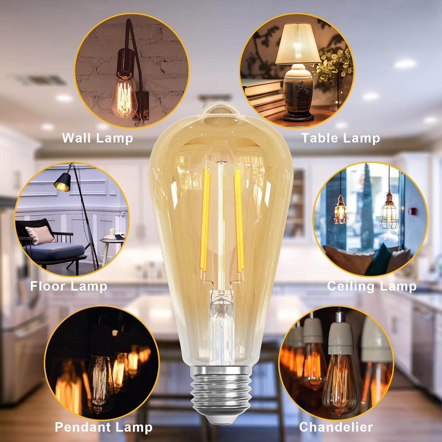 E27 LED Bulbs Amber Vintage Filament Light Bulbs ST64 No Flicker Screw Edison LED Bulbs 4W Warm White 2700K Dimmable 3 Pack