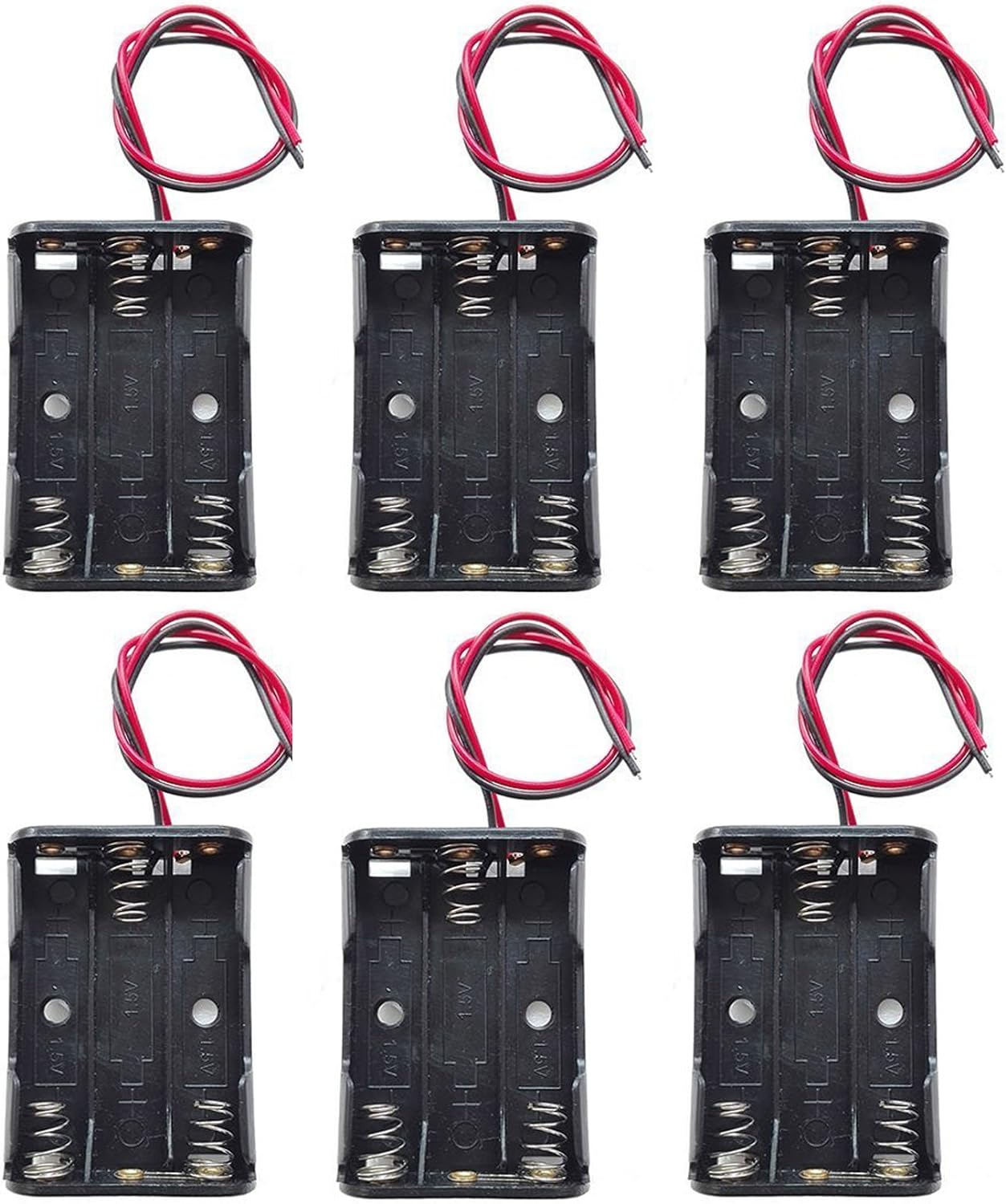 6 Pcs 4 X 1.5V (6V) AA Battery Spring Clip Black Plastic 4 X 1.5V (6V) Battery Case Holder Box Black Red Wire Leads