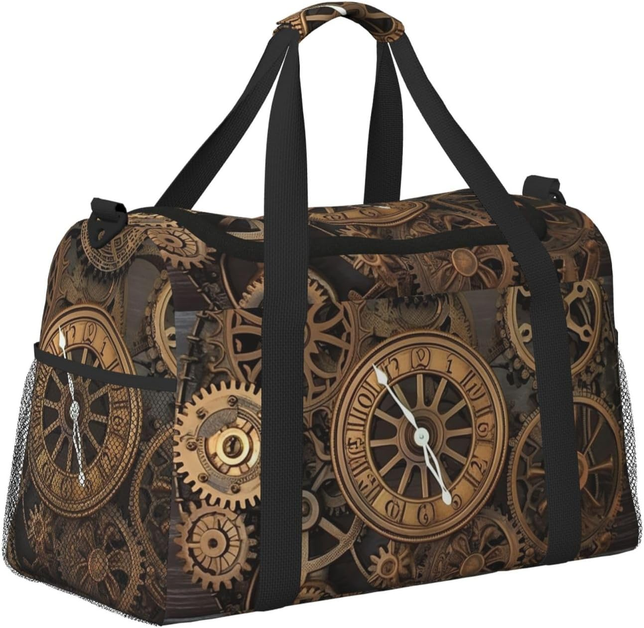 Steampunk Gears Clock Travel Duffel Bag Lightweight Waterproof Carry on Tote Bag Foldable Weekender Overnight Bags Sport Gym Bag for Women Men, Black, One Size