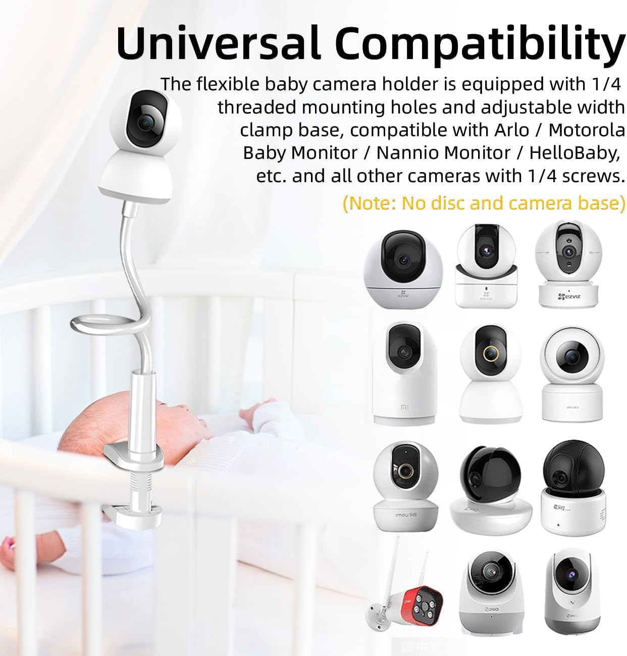 Eymann Universal Baby Monitor Mount - No Drilling Required, Compatible with Arlo, Motorola, Hello Baby & Most Monitor Cameras with 1/4 Screw, Adjustable Gooseneck, Tabletop Mount image number 5