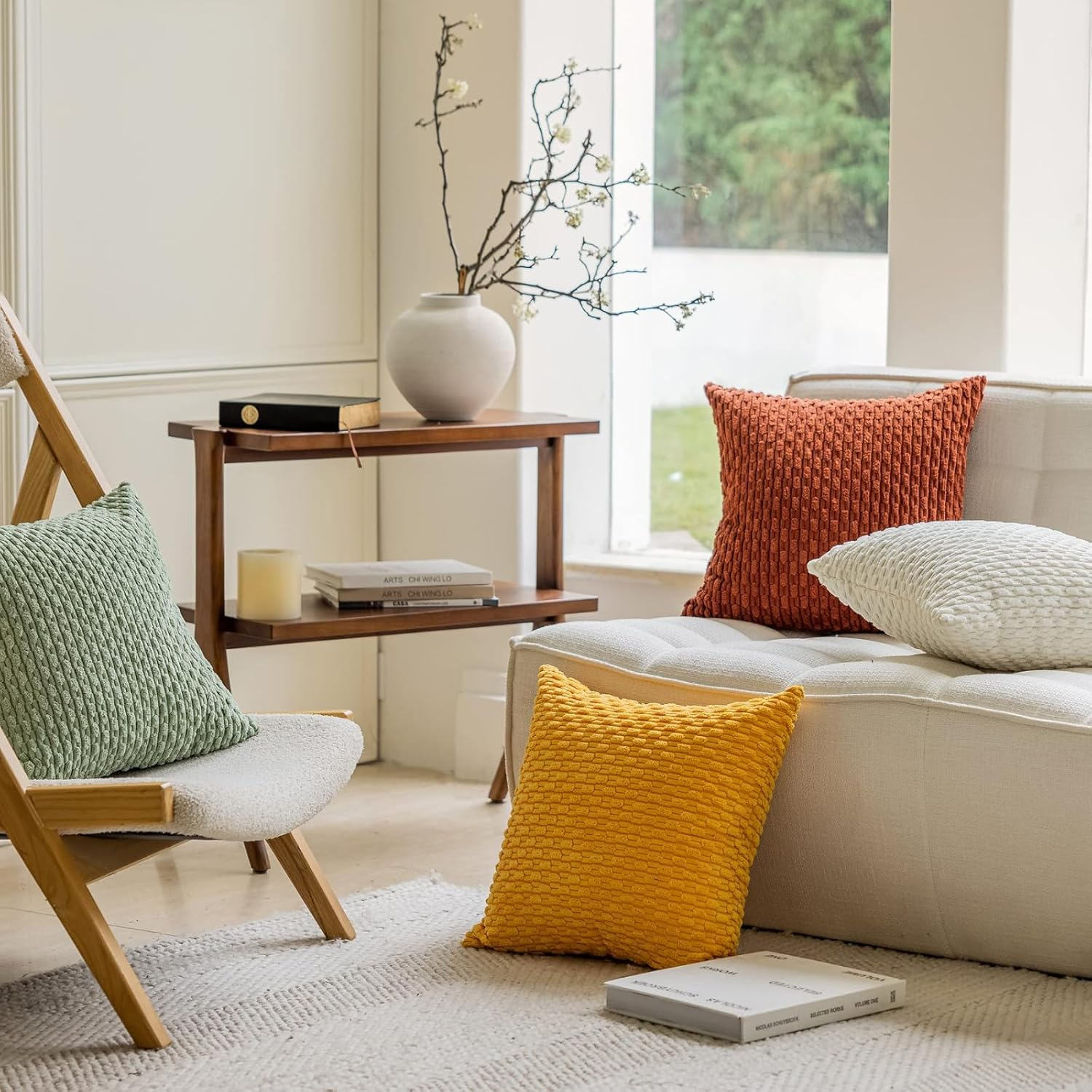 2 Packs Throw Pillow Covers Corduroy, Decorative Lumbar Pillow Covers, JOMWEN Super Soft Boho Striped Cushion Covers for Couch Bed Sofa Livingroom (Rust, 45 X 45 Cm) image number 4