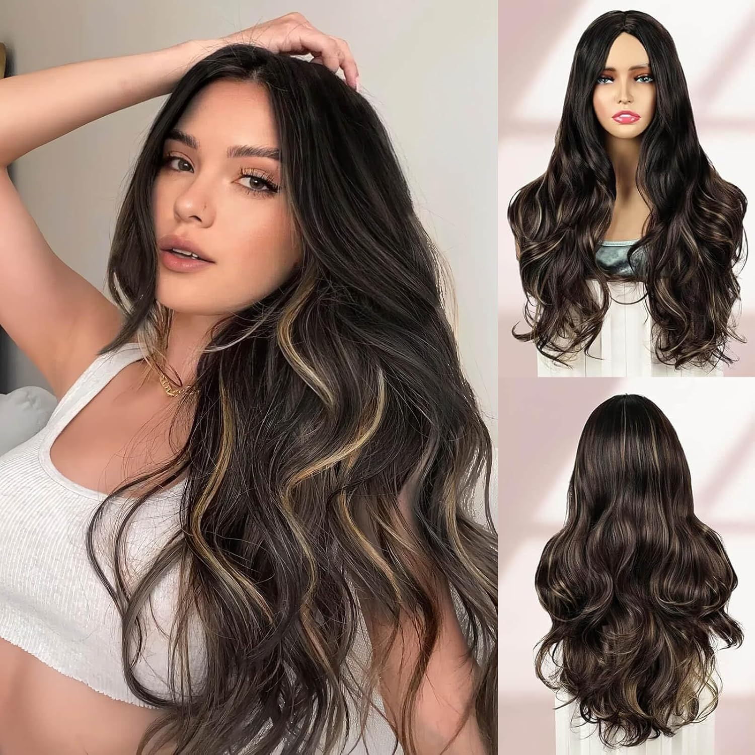 BECUS 24 Inch Long Brown Wigs for Women Middle Parted Wavy Natural Synthetic Curly Hair Wig