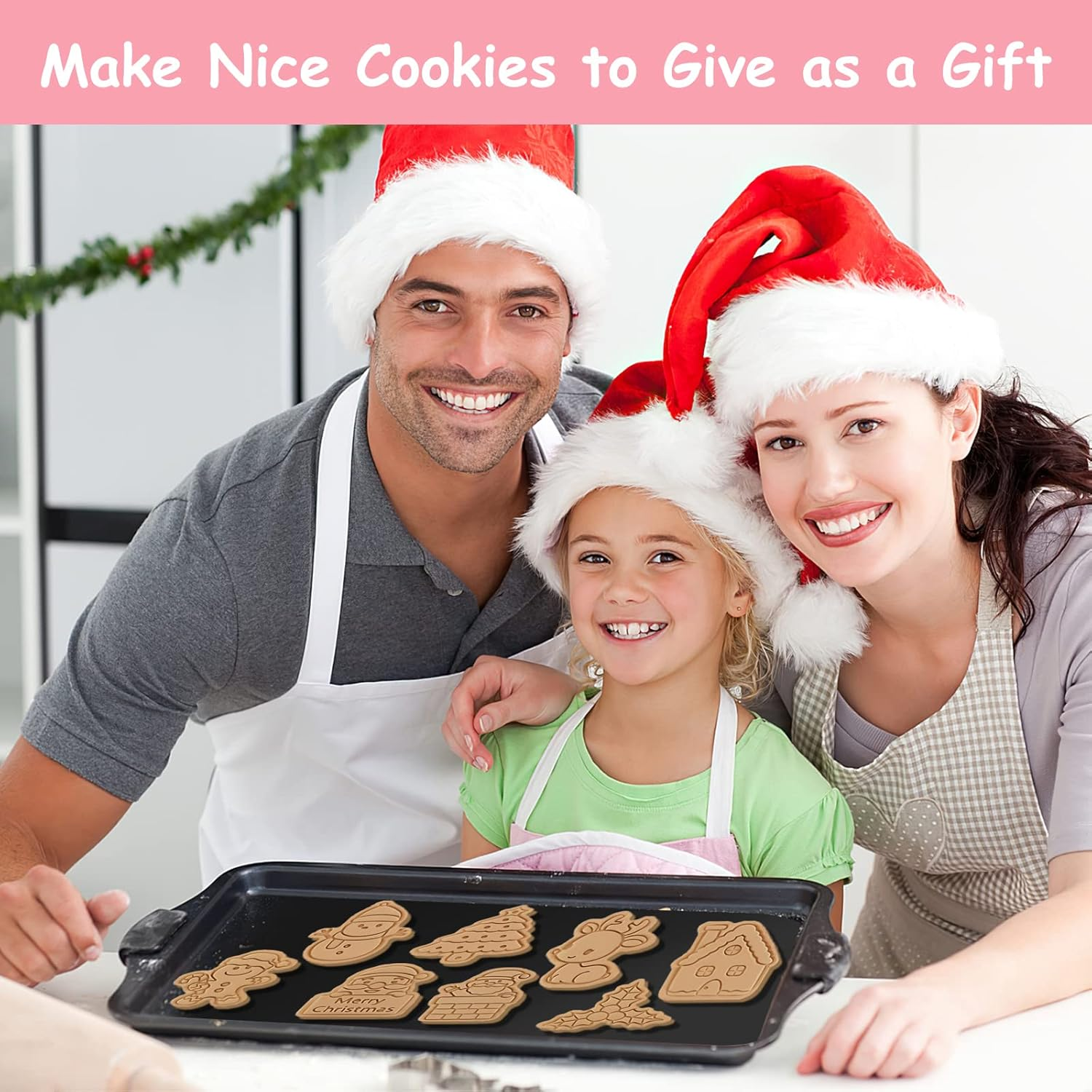 Christmas Cookie Cutters, Pack of 8 Plastic Cookie Stamps, Christmas 3D Cookie Cutters for Motif Cakes, Cake Decoration, Biscuits, Baking, Kitchen Accessories