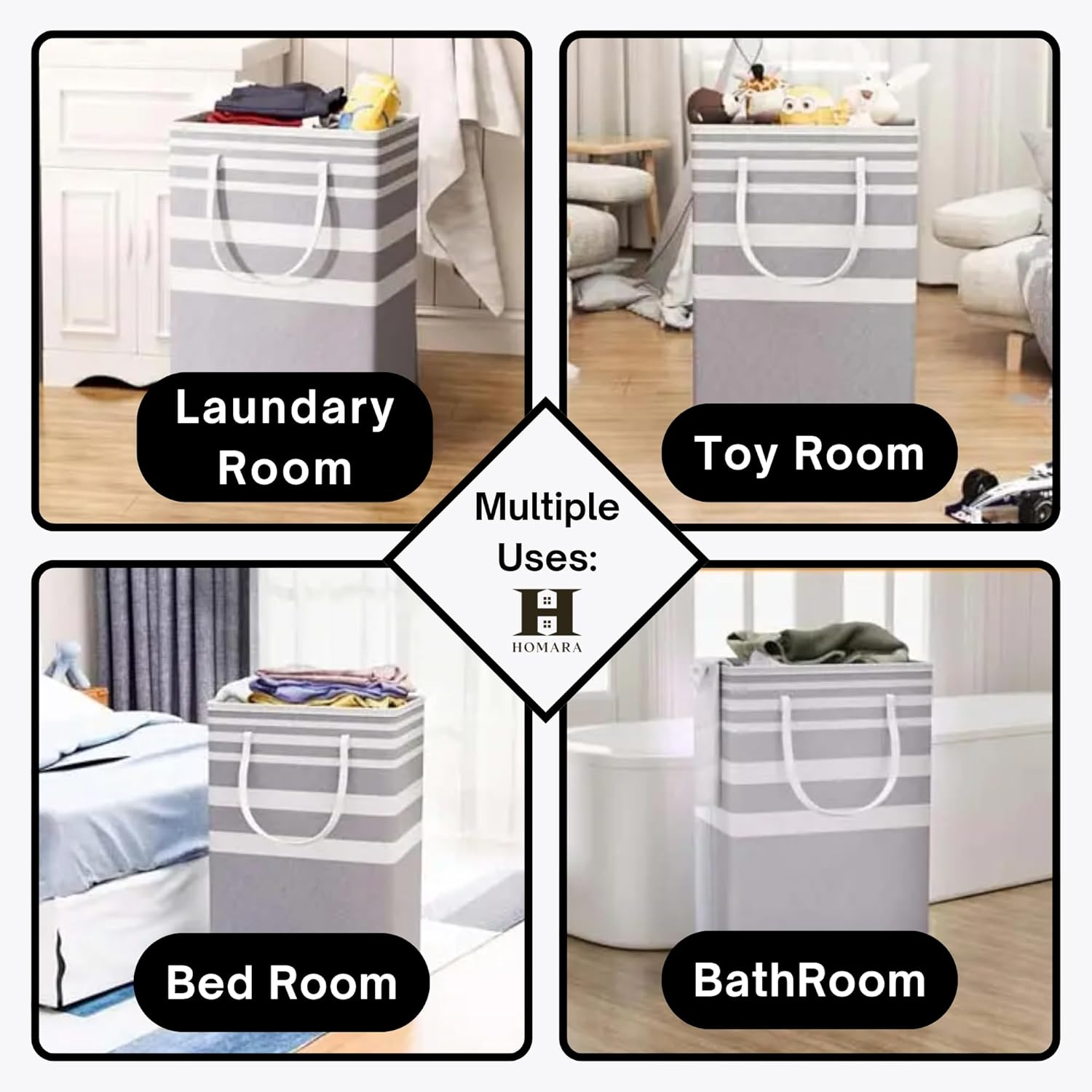 HOMARA Laundry Basket &ndash; Large Collapsible Hamper with Handles | Foldable & Waterproof Clothes Organizer for Home, Bedroom, Dorms & Travel &ndash; Gray image number 3