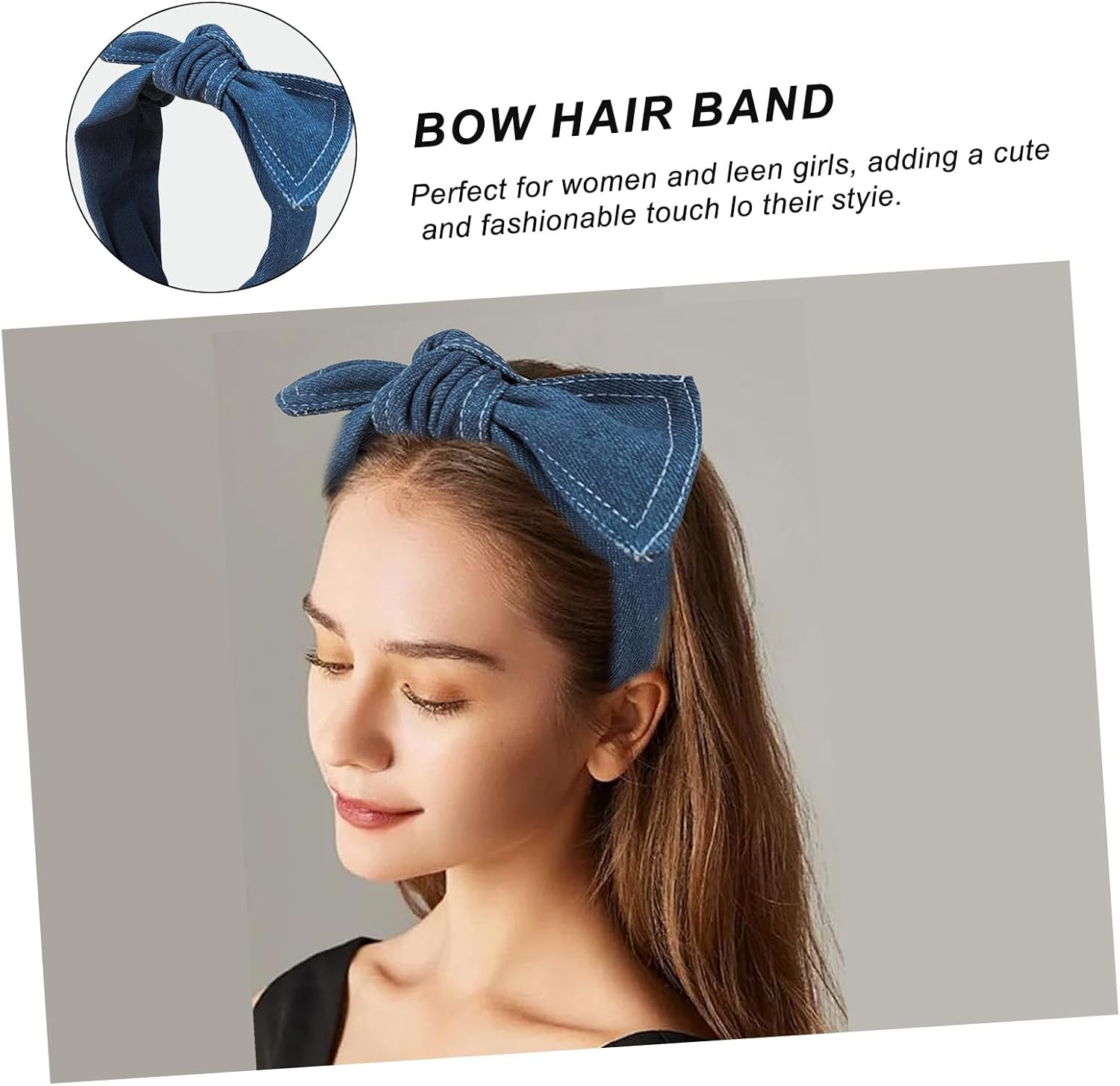 Blue Retro Denim Headband Non-Slip Stretchy Bow Knot Hair Band Wide Top Knotted Headwear Hair Accessory image number 5