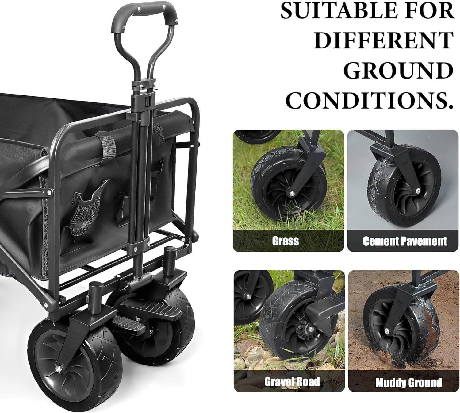 Collapsible Folding Outdoor Utility Wagon with 150Kg Weight Capacity,Outdoor Garden Shopping Camping Cart,125L Loading Capacity Big Wheels & Adjustable Rolling Wagon Travel Shopping Use image number 4