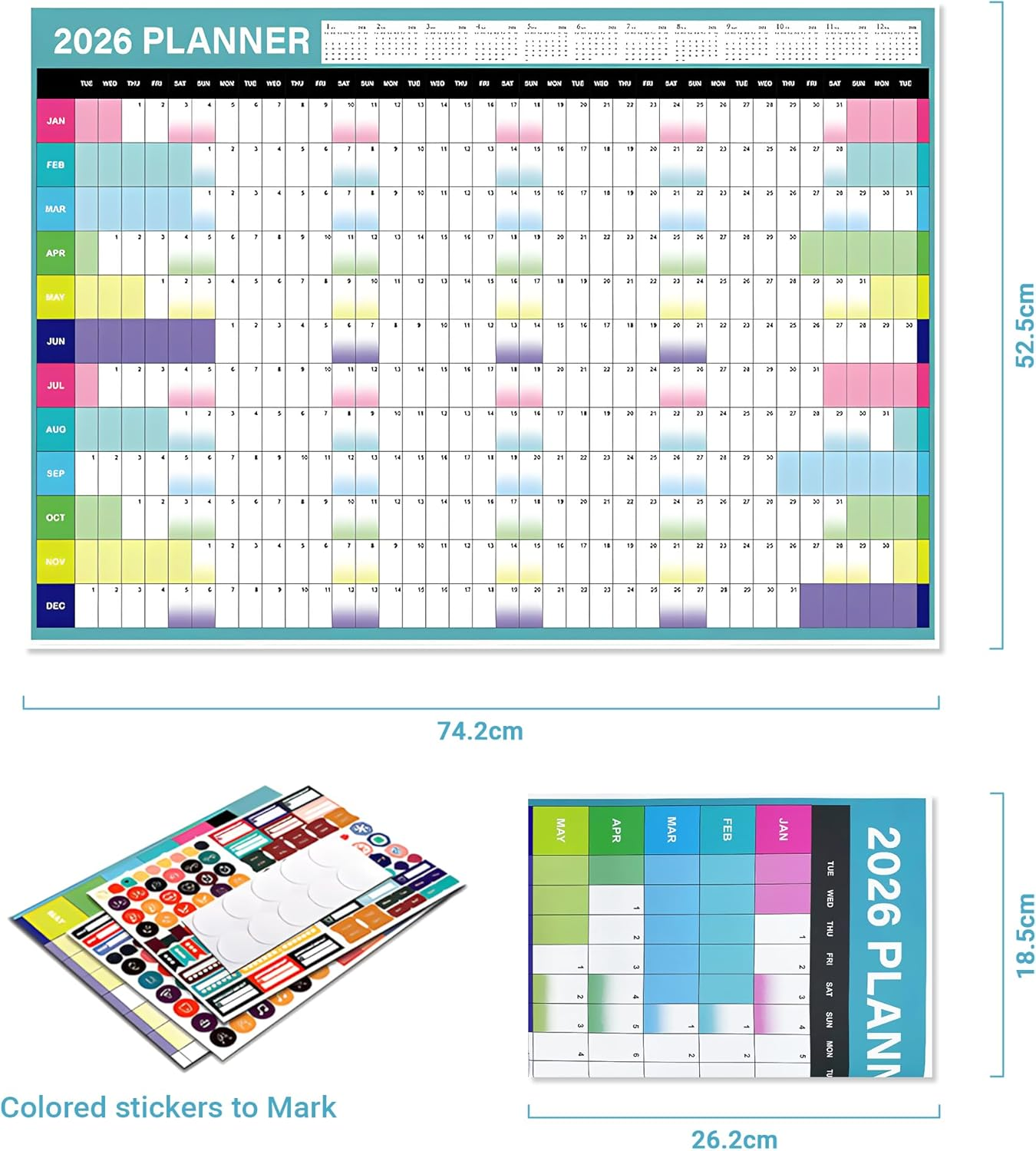 2026 Wall Calendar Large Yearly Planner &ndash; Full Year Annual Calendar Planner, Paper Wall Chart Plan 12 Months, Colored Stickers,365 Daily Plan for Home, Office, Classroom Organization & Decor