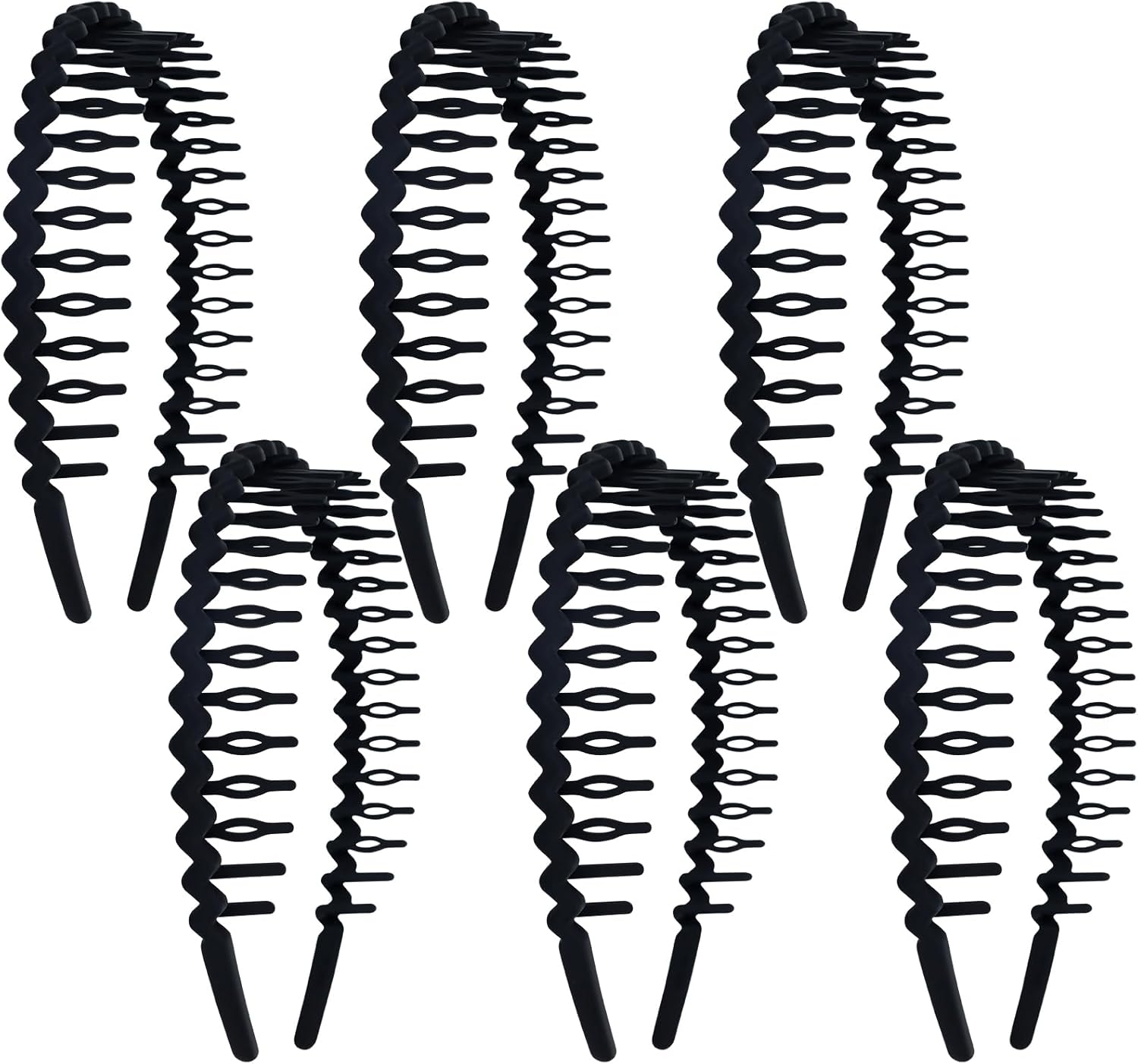 Cinaci Pack of 6 Non-Slip Sports Black Wavy Matte Plastic Headbands with Teeth Comb Elastic Thin Hair Bands Accessories for Women Men Girls Teens Children image number 1