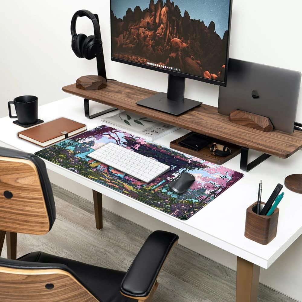 Pink Japan Desk Pad Anime Gaming Green Mouse Large for Computer Pc Laptop Office Decor Women, Keyboard Stitched Edges Non-Slip Rubber Mat (31.5X15.7 In)