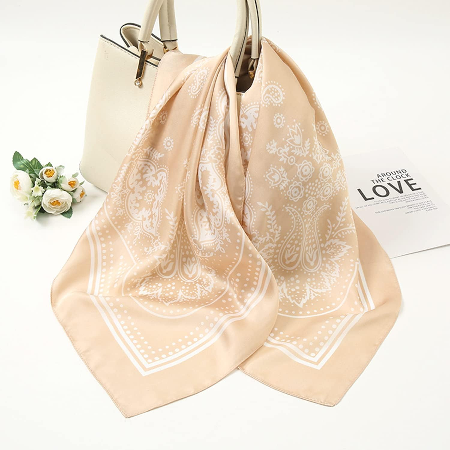 VANLINKER 27.5 Inches Silk Head Scarf for Women Men Vintage Bandanas Satin Hair Scarf Silk Wrap Neck Square Scarves VL9549 - Black+Caramel+Oatmeal image number 4