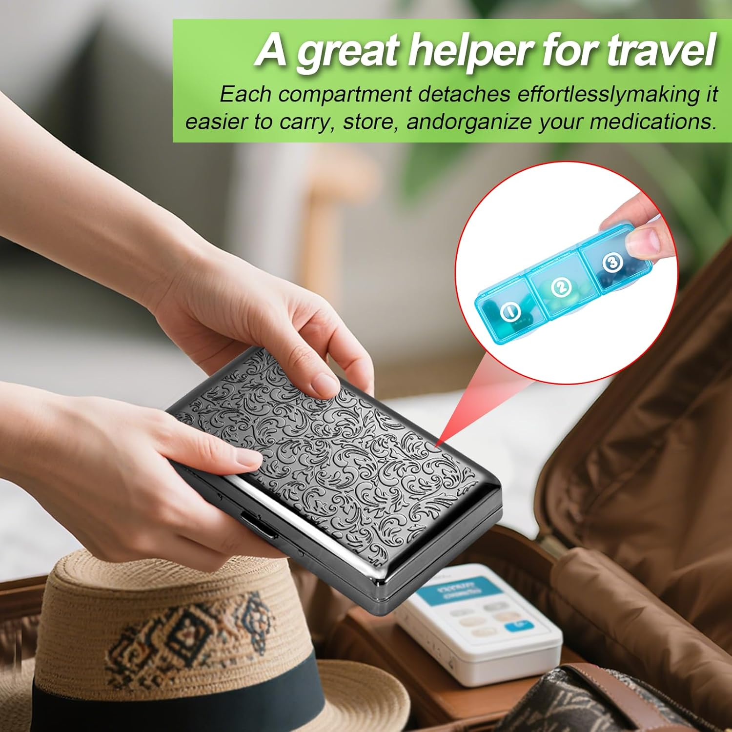 Pill Organizer, Pill Box 7 Day/Metal Travel Pill Case, BPA Free. (Pink) (Black)