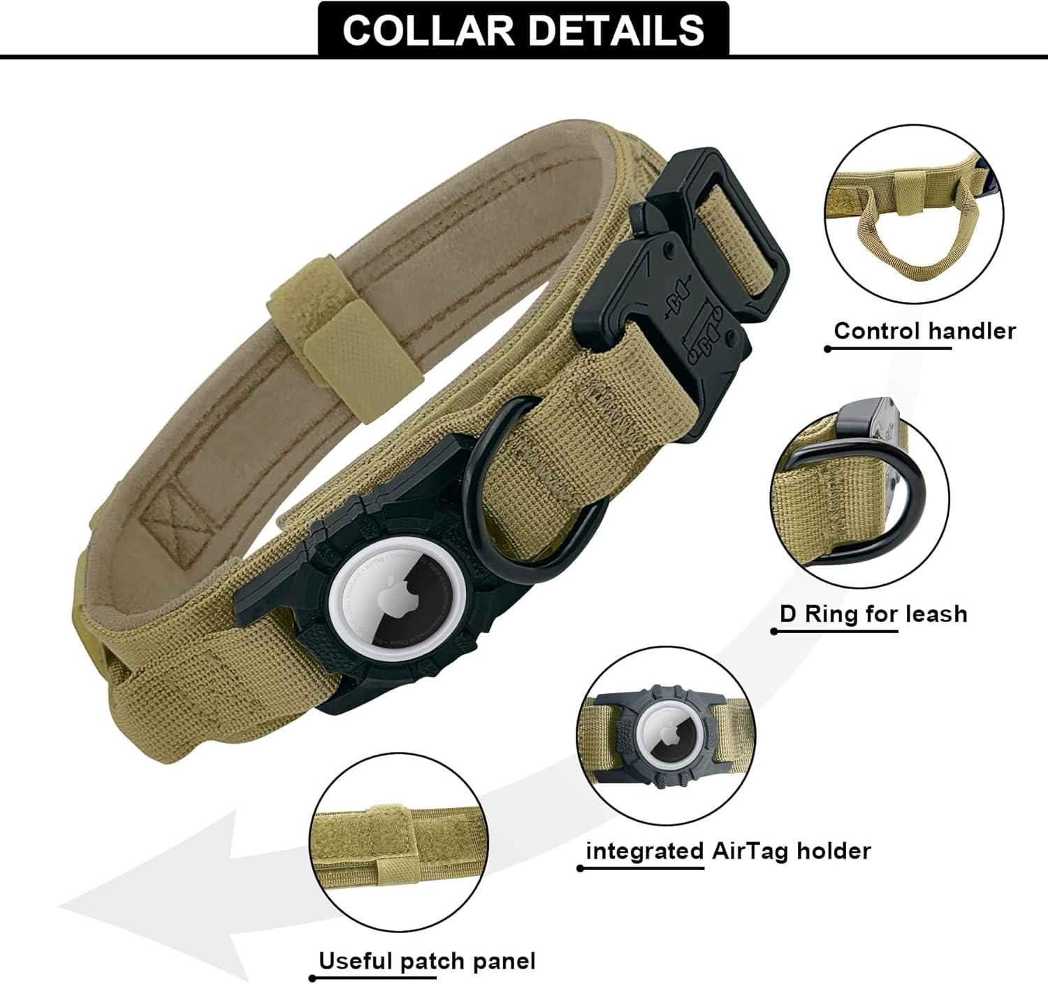 For Airtag Dog Collar - Tactical, Heavy Duty, Adjustable GPS Dog Collar Compatible with Airtag, with Holder & Control Handle for Medium/Large Dogs, Double Locking Metal Carabiner [Brown, image number 5