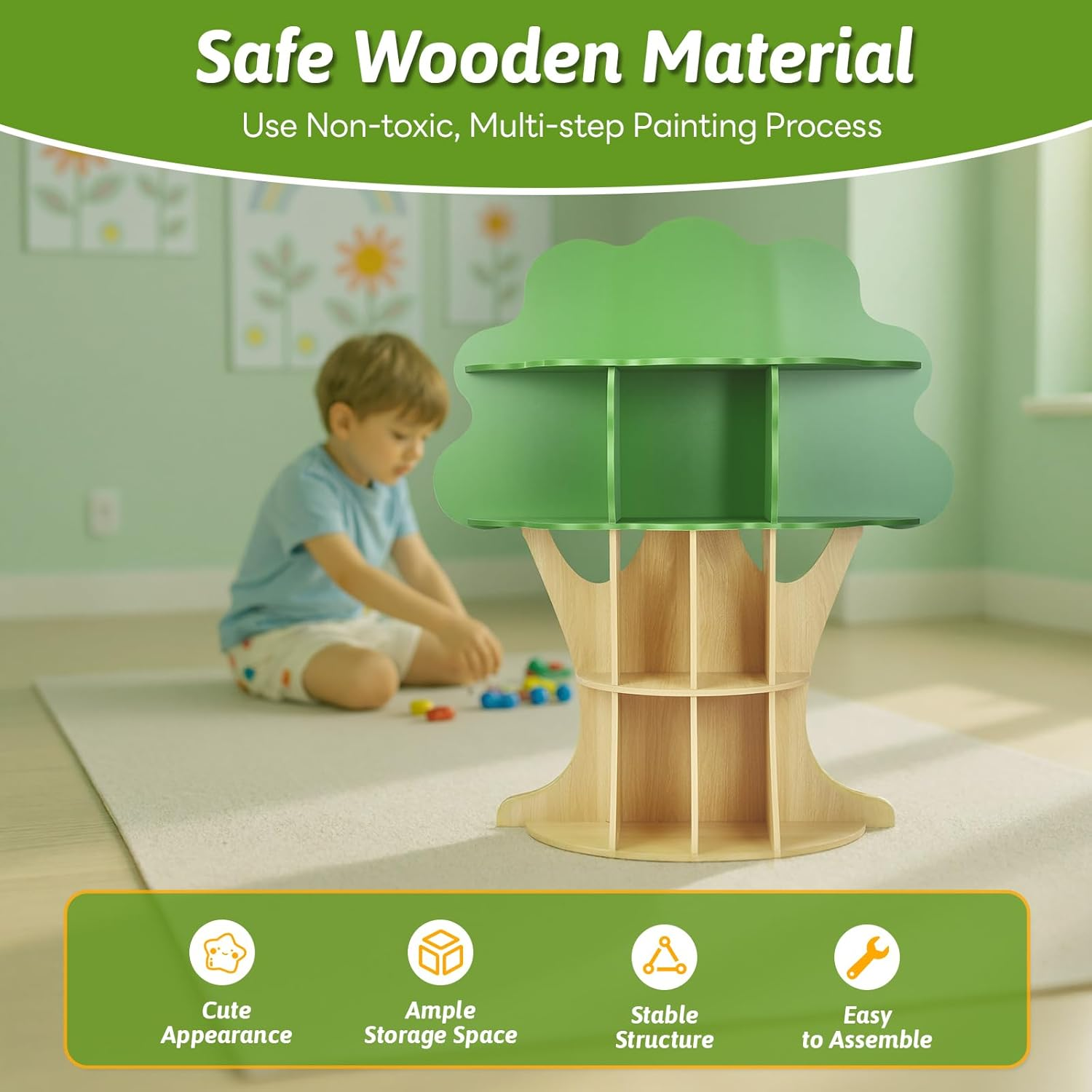 Tree Bookshelf for Kids - 130Cm Multi-Functional Tree Bookcase with Safety Anchor | Large Storage for Toys & Books | Non-Toxic Finish image number 2