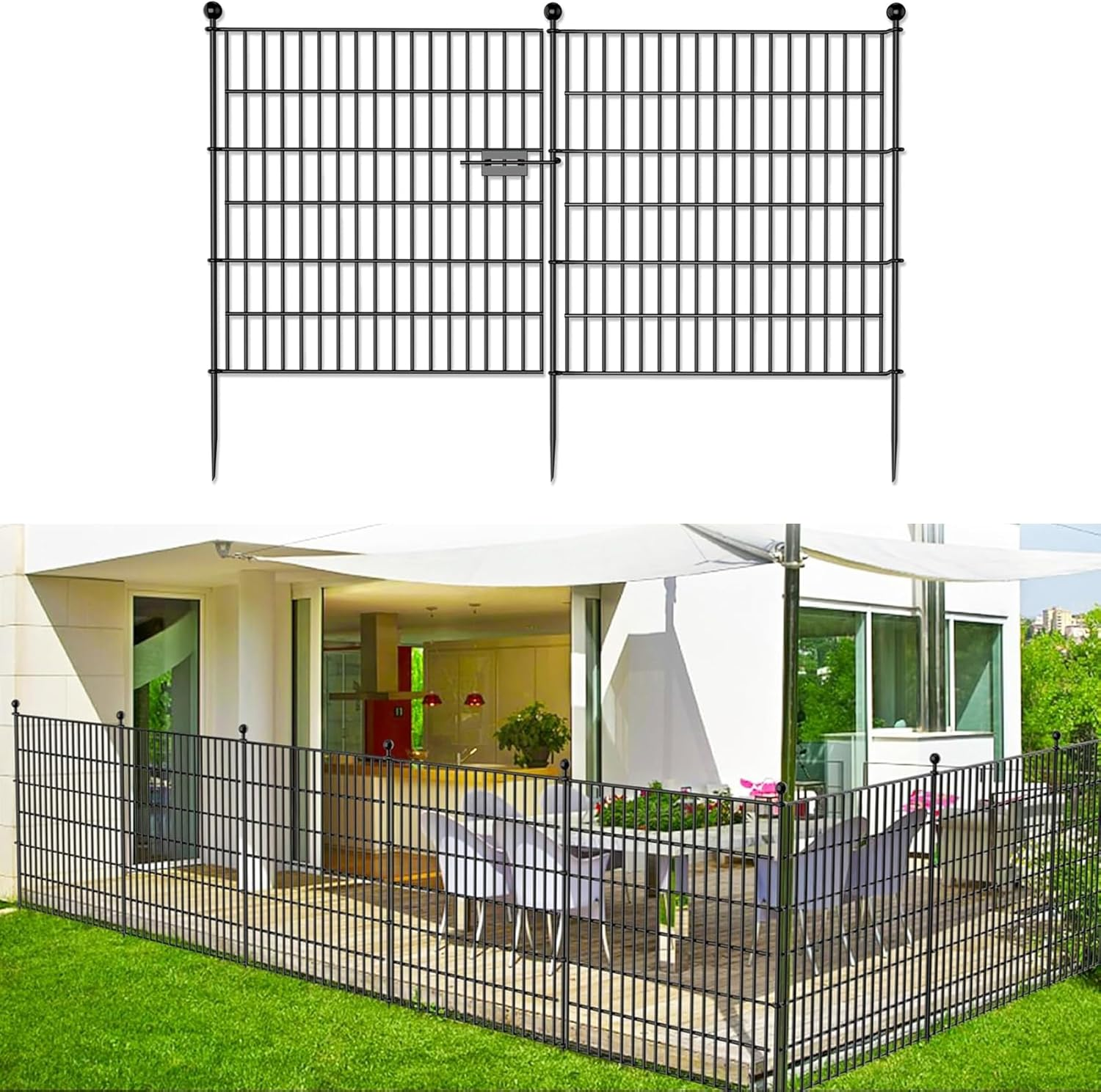 Black Decorative Garden Fence, 74 * 81Cm Rustproof Metal No Dig Animal Barrier, Arched Flower Border Panel Fencing Stakes with Gate for Dog Rabbit Yard Patio Outdoor Decor, 10Pack image number 6