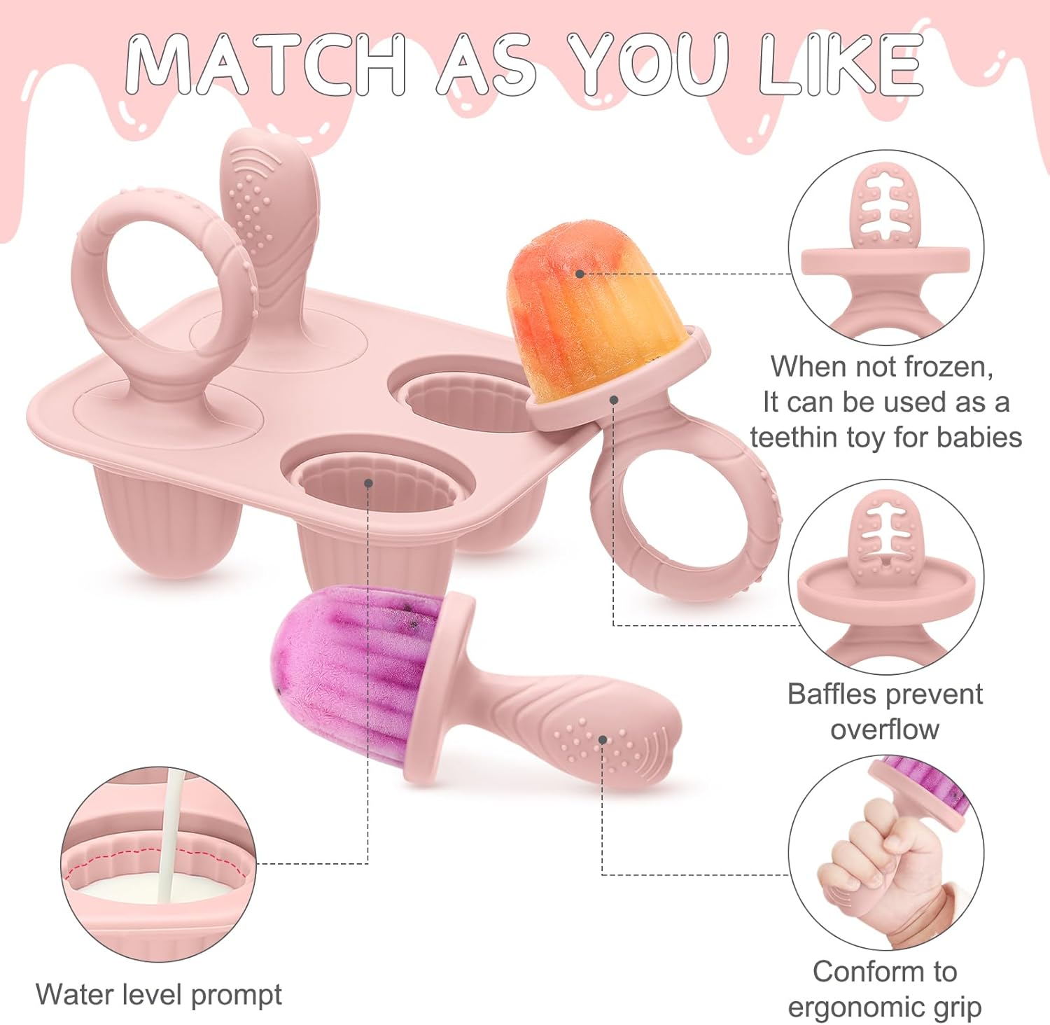 MR.TIMELAG Baby Fruit Feeder & Popsicle Molds 6-In-1 Set - Silicone Teething Mitts, Freezer Trays, Pacifiers & Ice Lolly Makers (Pink Bear + Smiley) - Bpa-Free Infant Feeding & DIY Frozen Treat Kit image number 3